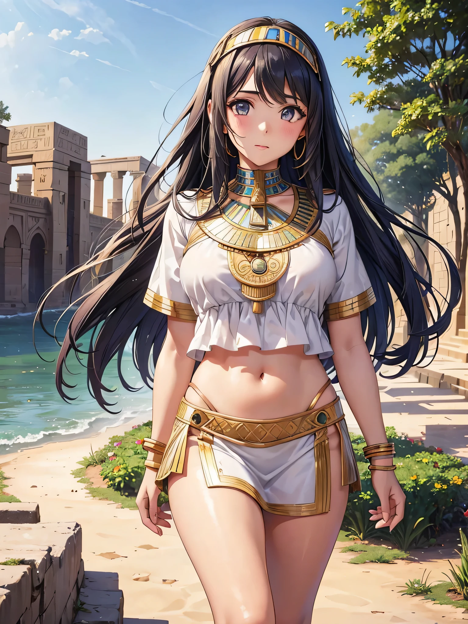 All intricate realistic details: "An ancient Egyptian teen girl walking along the banks of the Nile River, Her body and face are similar to Pricilla Ricart, Lightweight clothing due to the heat, anime mappa style, with more facial details if possible"