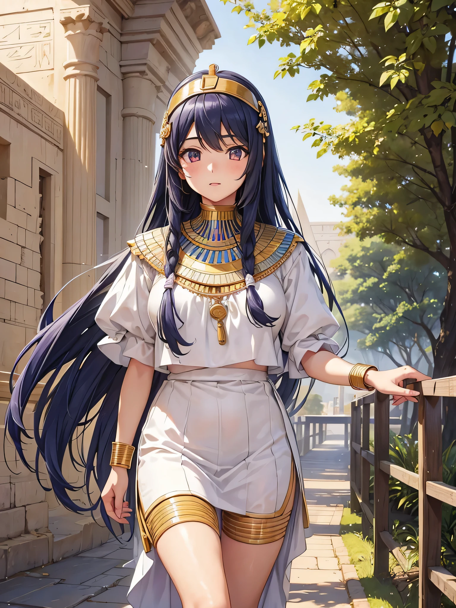 All intricate realistic details: "An ancient Egyptian **** girl walking along the banks of the Nile River, Her body and face are similar to Pricilla Ricart, Lightweight clothing due to the heat, anime mappa style, with more facial details if possible"