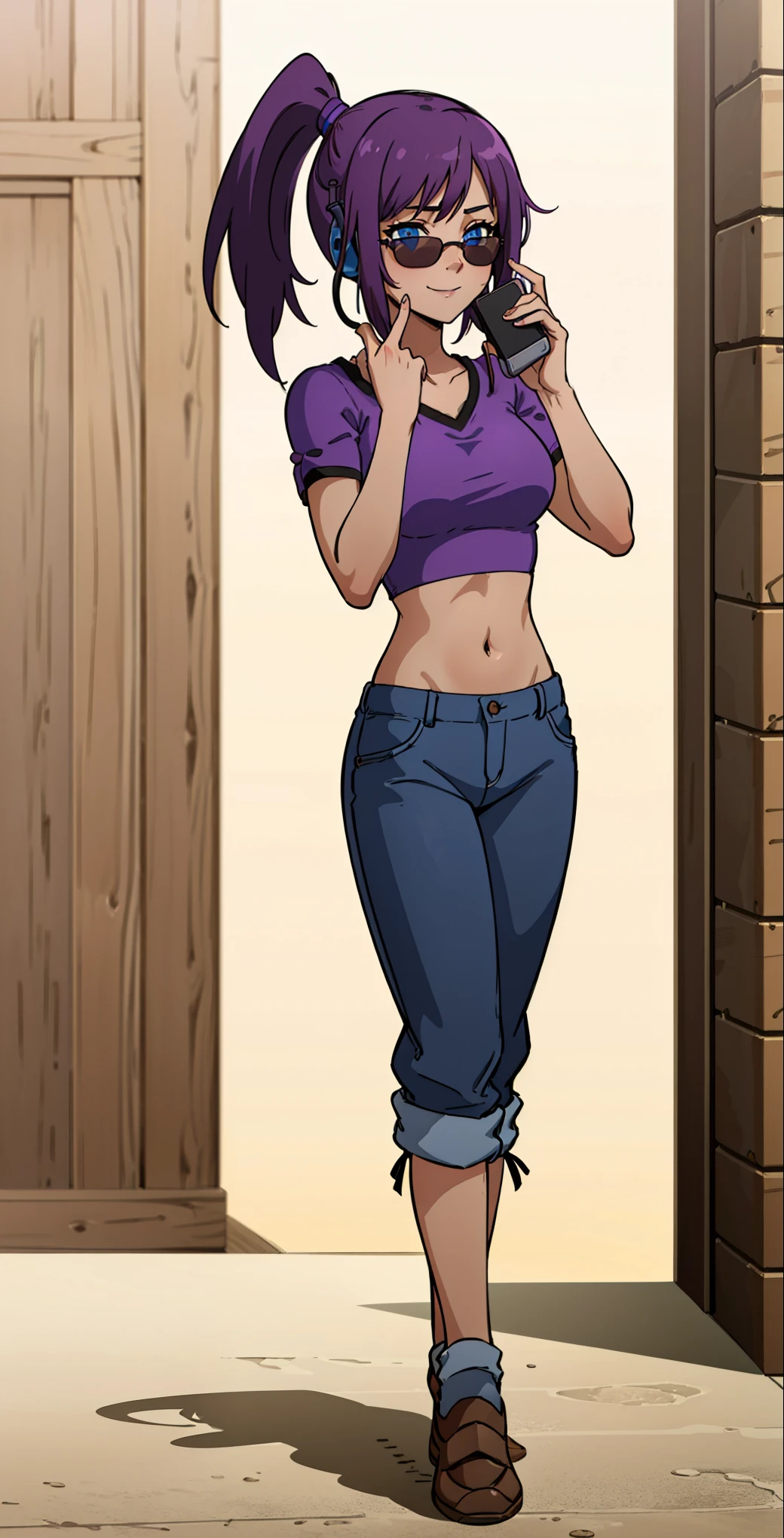 ((best quality), (high quality), (detailed), (masterpiece), good artist, 1girl, ( violet hair), ((blue eyes)), (sunglasses), headphones, (short ponytail), casual wear, gentle smile, ((under crop top)), ((crop top)), ((purple t shirt)), black pants, a two headed woman with beautiful detailed eyes, (detailed hairstyles), strong and confident expressions, pre-teenage girl, beautiful body and face, ((barn background)), ((phoneaholic teenager)), (length hair), full body, tan skin