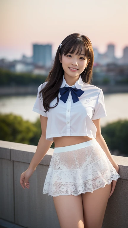 NSFW,highest quality、excellent details、ultra high resolution、best illustrations、、japanese idol、curly hair, long hair,Ribbon hair ornament, ponytail,smile、sleeveless uniform, skirt lift,No panties,Ferris wheel,amusement park,holding ice cream in hand,large crowd of people