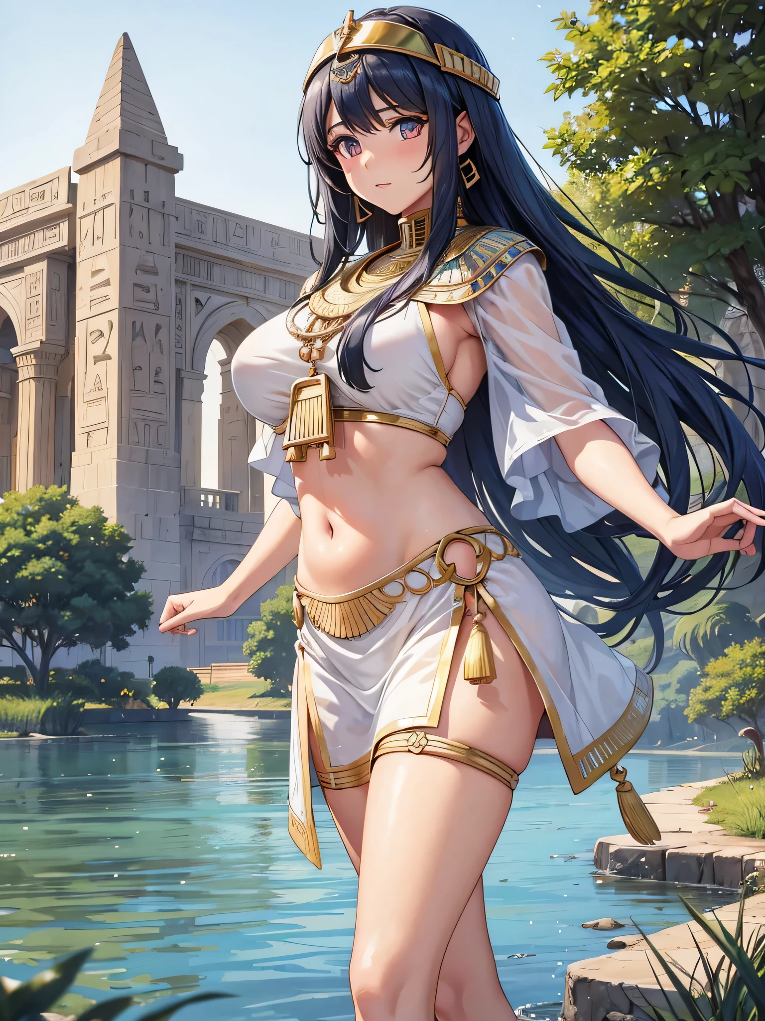 All intricate realistic details: "An ancient Egyptian teen girl walking along the banks of the Nile River, Her body and face are similar to Pricilla Ricart, Lightweight clothing due to the heat, anime mappa style, with more facial details if possible"