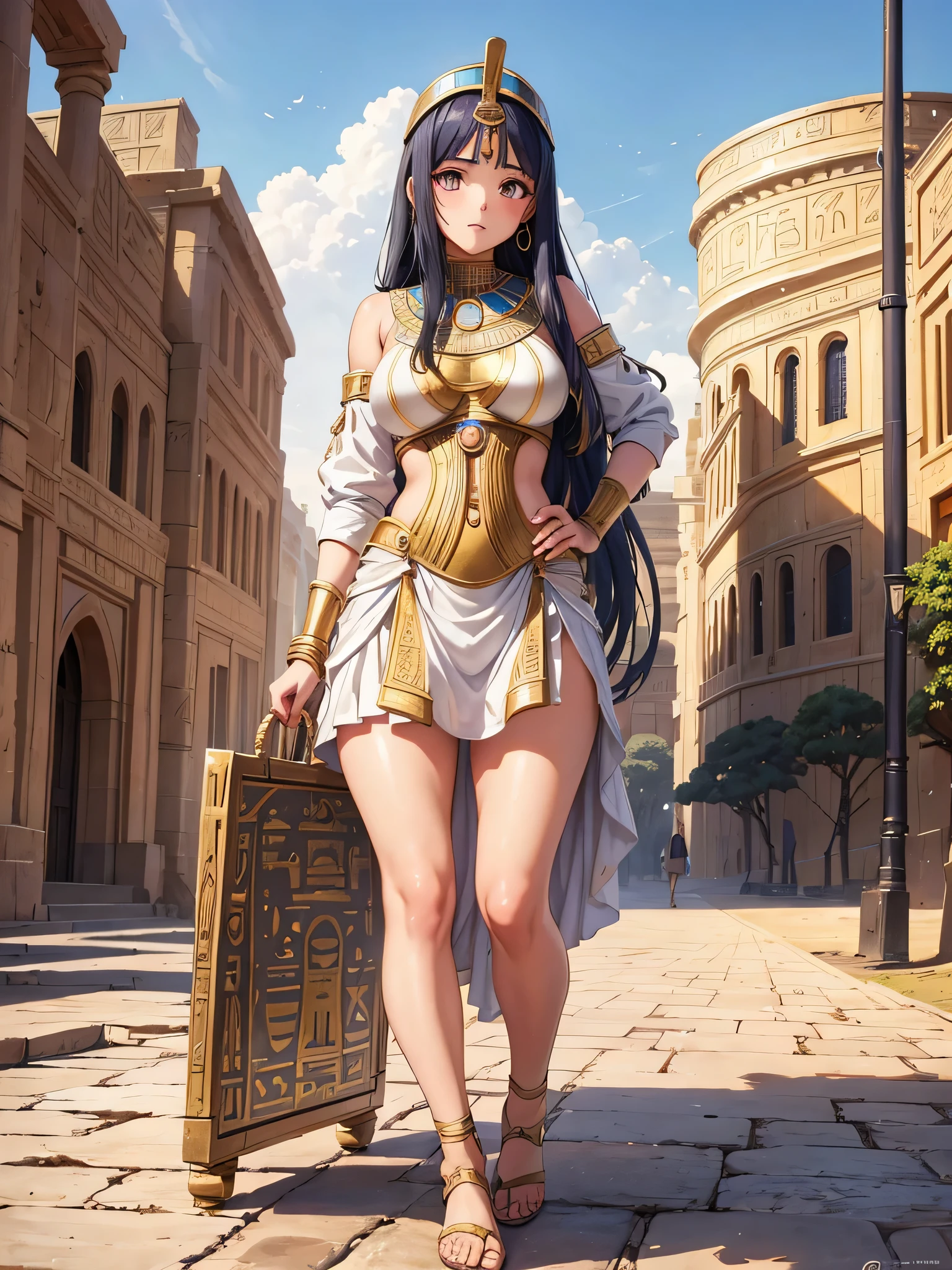 All intricate realistic details: "An ancient Egyptian girl walking along the banks of the Nile River, Her body and face are similar to Pricilla Ricart, Lightweight clothing due to the heat, anime mappa style, with detailed and intricate realistic frontal elements with more facial details if possible"