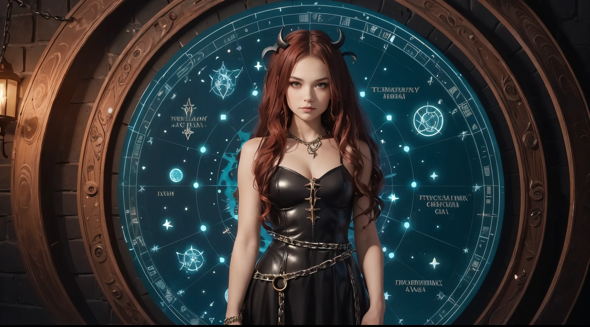 girl, posing, dress, (tweeny, cute:1.4), (breasts:1.2), long messy hair, zodiac circular background, celestial map, glowing circle, leather dress, decorated cosplay,red wild hair, dark fantasy, medieval fantasy, witch, succubus, gothic, feminine, thief, villain, necromancer, warlock, dominatrix, black, chains,