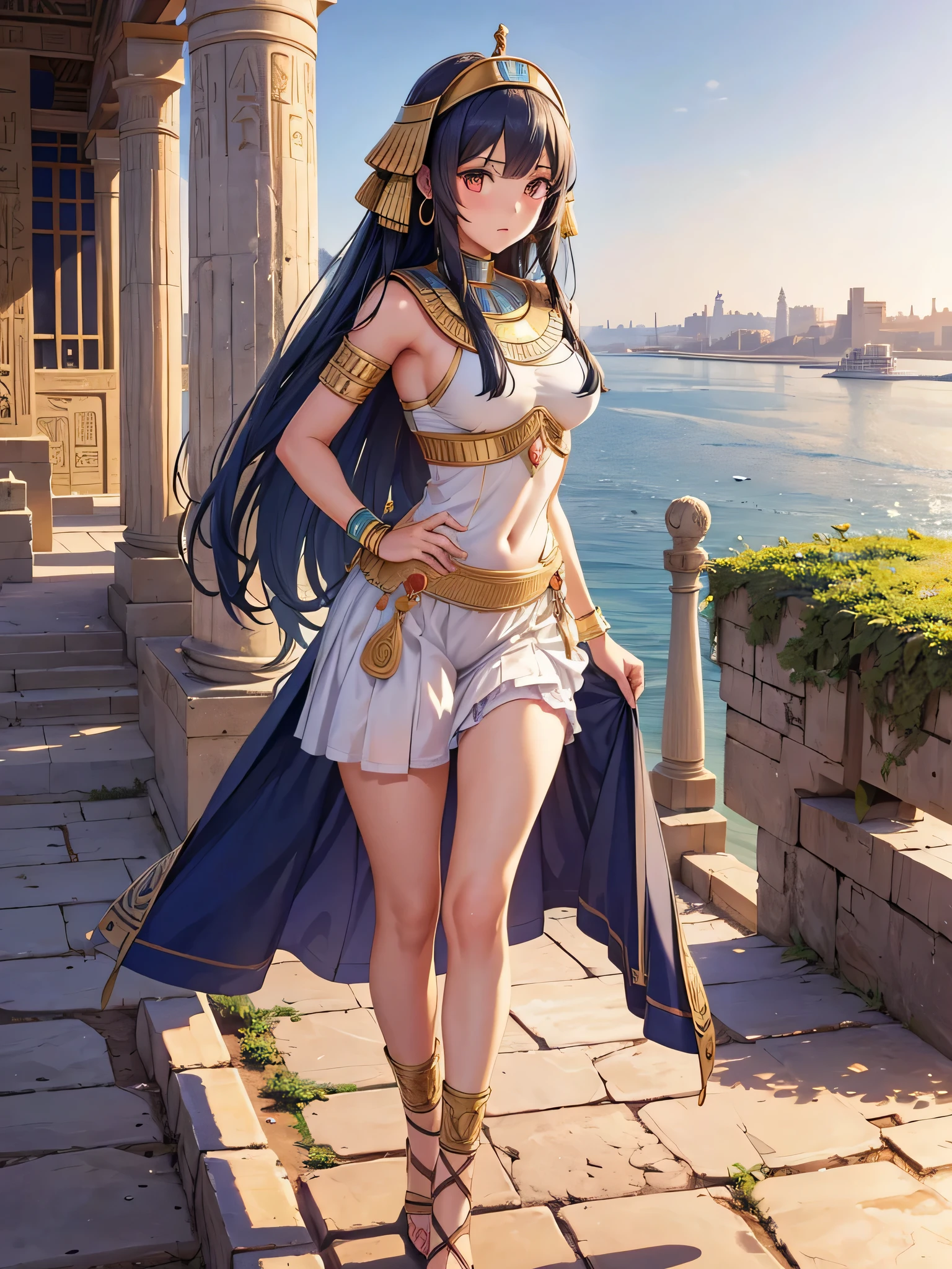 All intricate realistic details: "An ancient Egyptian teen girl walking along the banks of the Nile River, Her body and face are similar to Pricilla Ricart, Lightweight clothing due to the heat, anime mappa style, with detailed and intricate realistic frontal elements with more facial details if possible"