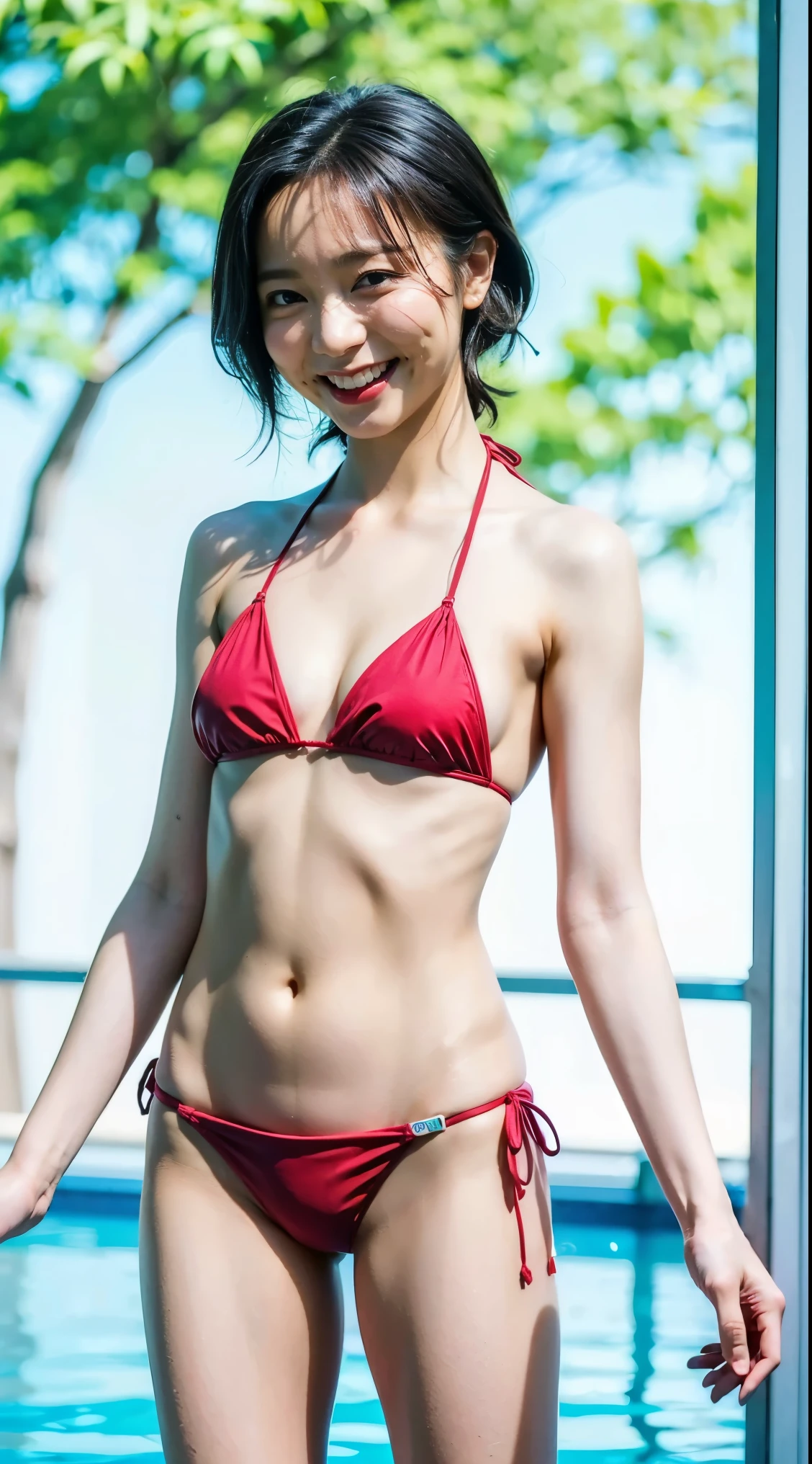 (Japanese idol, 1 girl, unparalleled beauty, Seduce, smile, small face, perfect style, Body based on human mechanics, Raw photo, real person:1.4) photograph, (professional lighting), (((highly detailed eyes and face))), ((double eyelids)), (Tits sharp focus:1.4), (brown hair, ponytail, elegant light makeup, eyeliner, mascara:1.4), huge , [[[abs, muscular body, Sixpad]]], beautiful smooth skin, soft looking skin, 17 years old, ((slim body, small ass, slender)), (red micro bikini, Kneeling on the beach, tifa lockhart:1.4), attractive face, NSFW, 