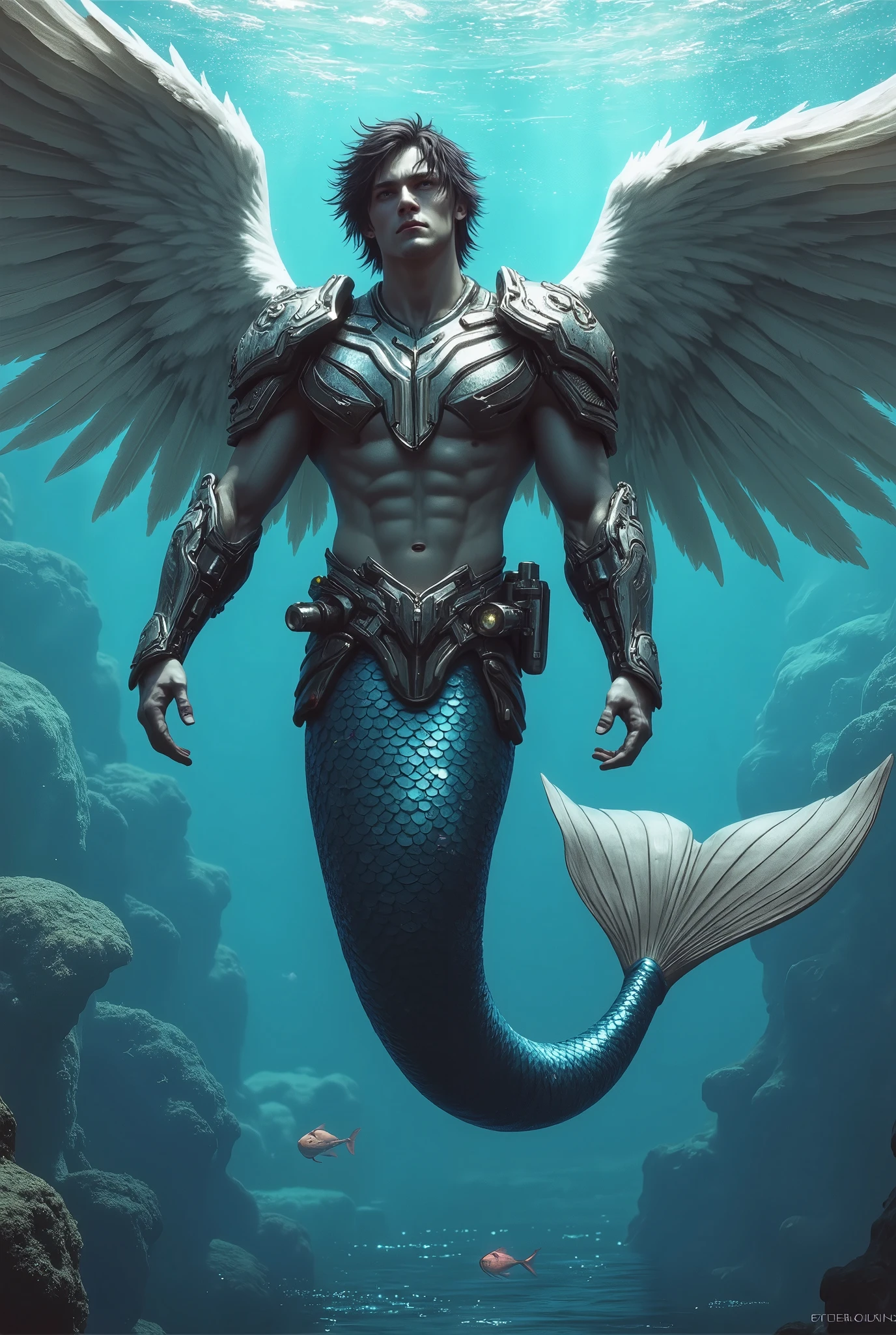 A male mermaid, feathered wings, dressed in high-tech battle armor, whole body, mermaid tail. 