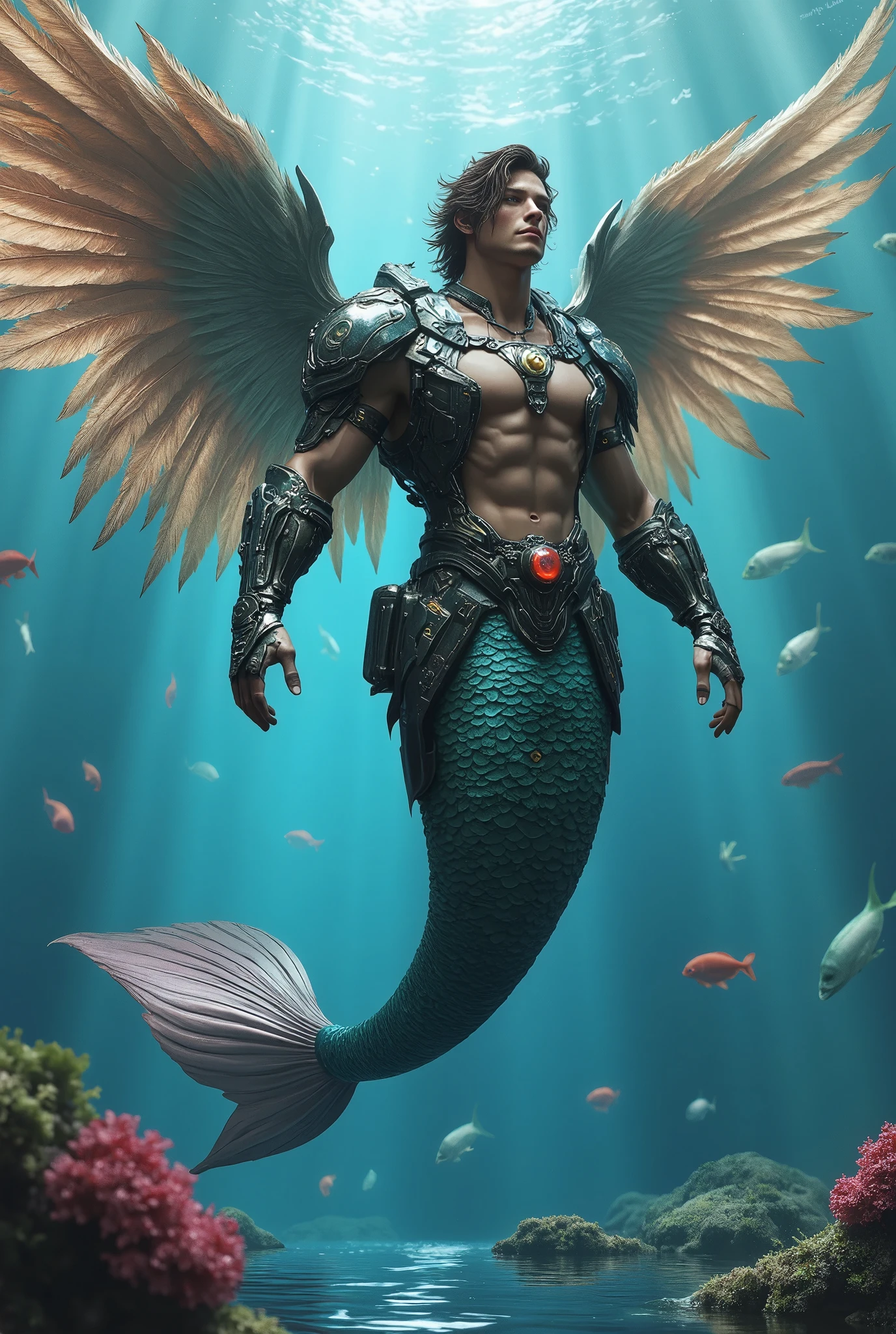 A male mermaid, feathered wings, dressed in high-tech battle armor, whole body, mermaid tail. 