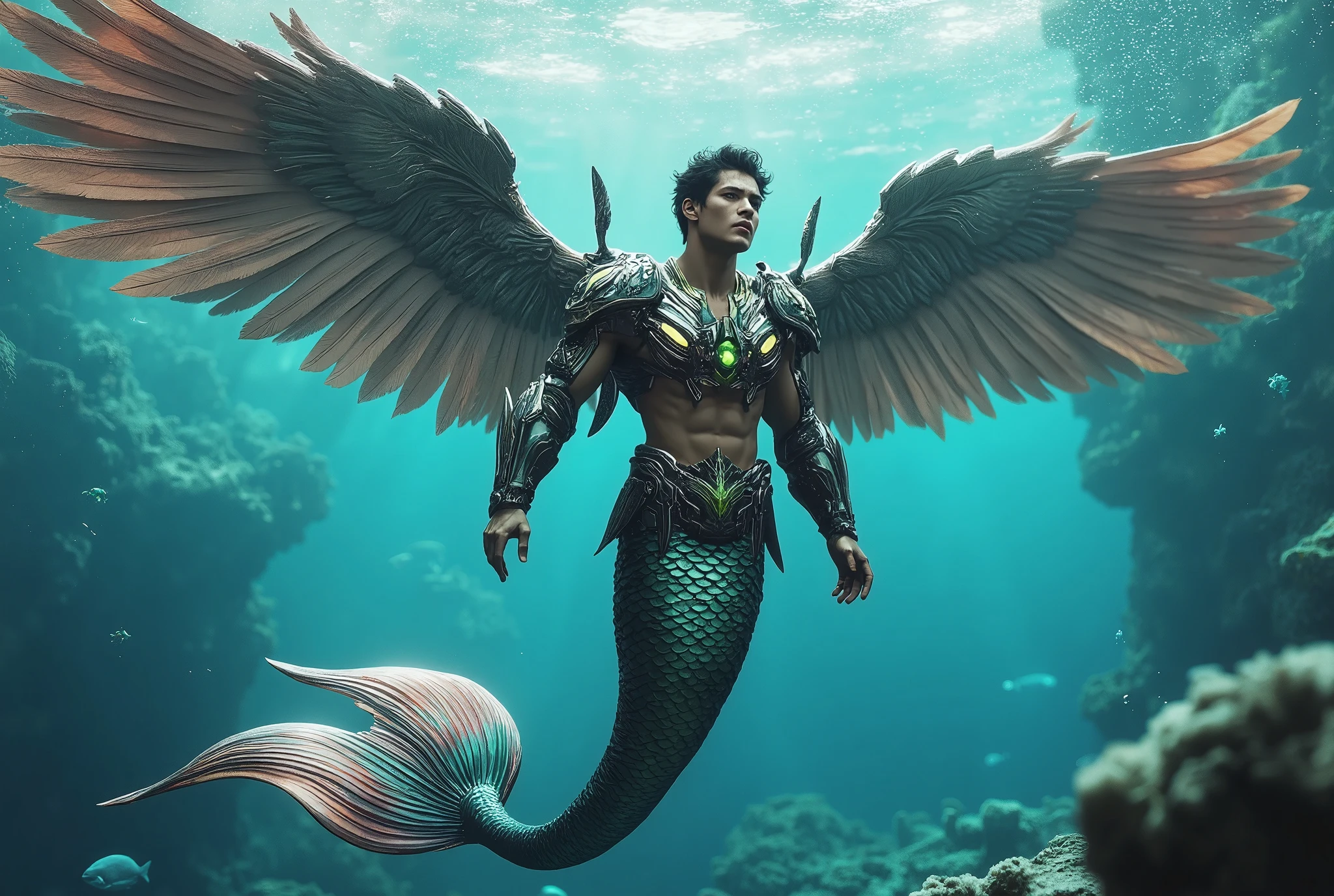 A male mermaid, feathered wings, dressed in high-tech battle armor, whole body, mermaid tail. 