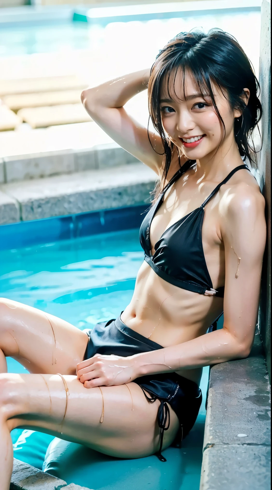 (8k、RAW Photos、Best Quality、masterpiece:1.2)、((Soaking wet、Wet Hair、Young:1.5))、((smile、bikini、Slender、Hair tied up、Short Hair、Pool、Very flat chest:1.2))、(Realistic、Realistic)、1 girl