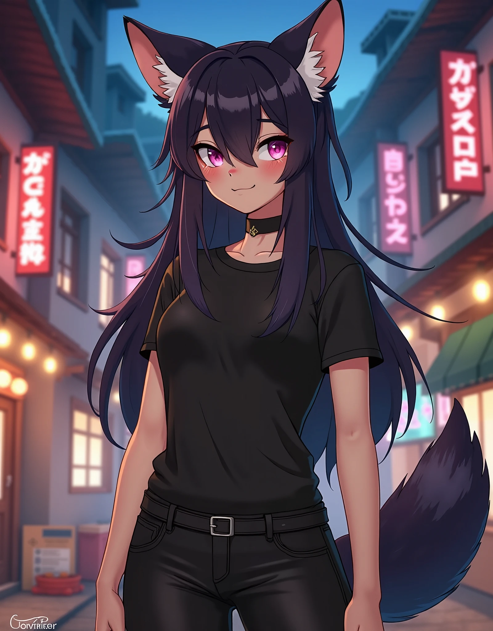 a beautiful anthro furry girl, girl wears black pants, girl wears black shirt, background is night village, masterpiece, best quality, safe