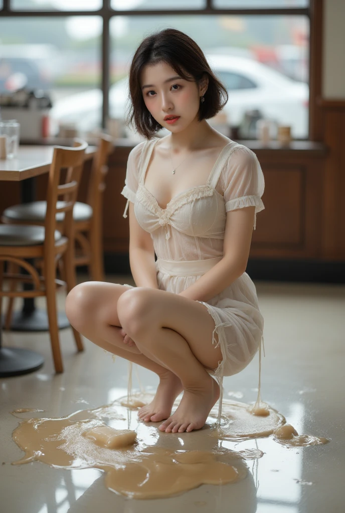 (Practical, photo-Practical, Best quality, masterpiece), Intricate details, Extremely detailed, (Photography below, For the audience), solitary, A Japanese character, (Half squat，You have to spread your legs:1.5), (Wearing a completely see-through waitress costume, gout:1.3), (Huge breasts), Black Hair, Short Bob Hairstyle, Pale skin, Delicate face, Delicate eyes, Delicate nose, (Your own liquid, Excessive urination, She is peeing:1.5), (Urine dripping from legs onto the floor, There is a urine pit, There are urine stains, She looked ashamed:1.2),, Photo Background, indoor, Coffee Shop,