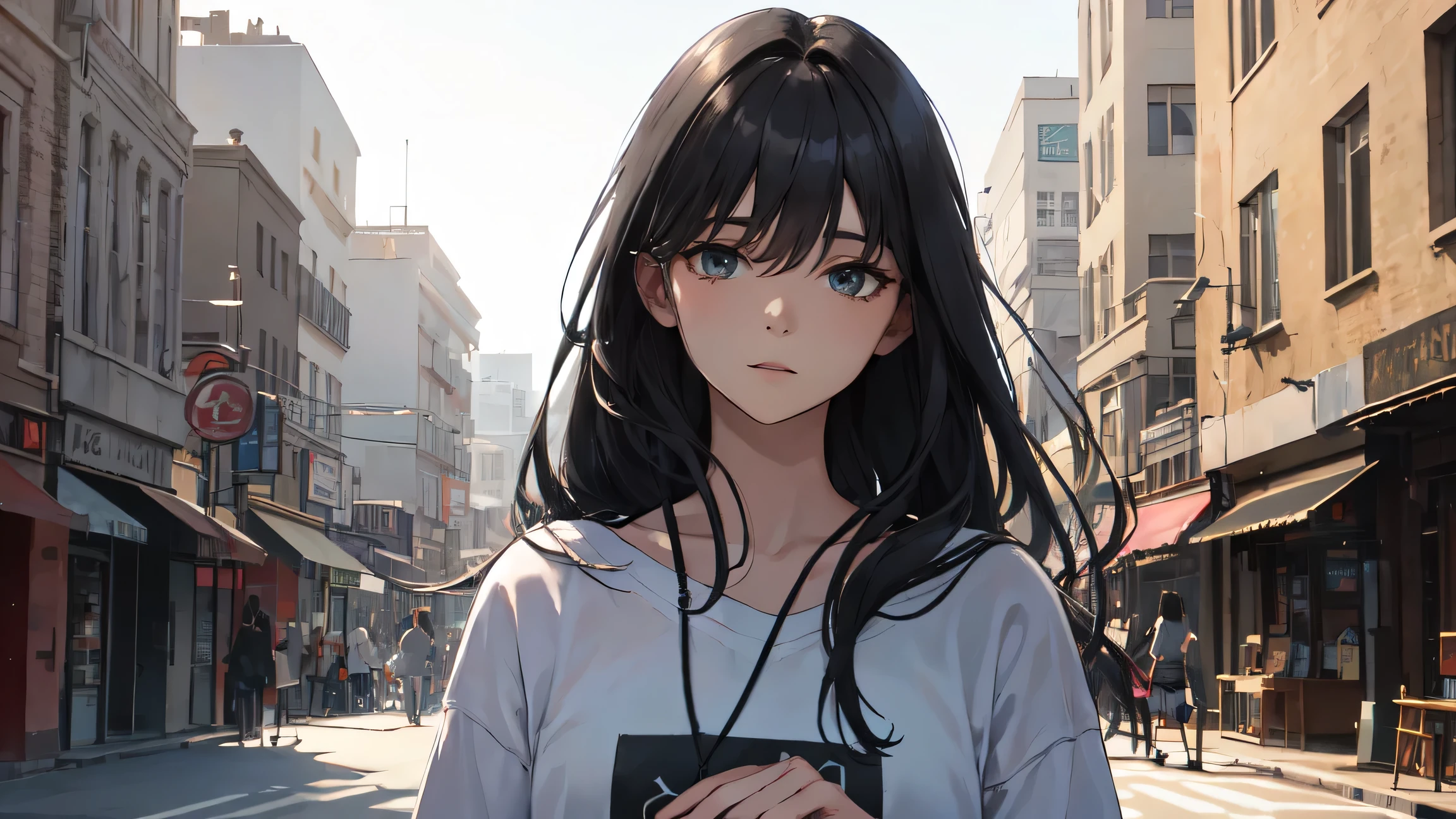 A hyper-realistic, high-resolution image of a 20-year-old girl standing alone in an urban setting, like an empty street or quiet alley at dusk. She has a somber, reflective expression, with her gaze turned downward or looking off into the distance. Her casual clothes subtly stand out, showing her detachment from her surroundings. Her hands and facial features, especially her eyes, are sharply defined, with no distortions. The lighting is soft but clear, with detailed shadows that emphasize a sense of isolation and alienation. The overall image should be vivid and crystal clear, with every detail, especially in the hands, fingers, and facial features, appearing realistic and well-proportioned.