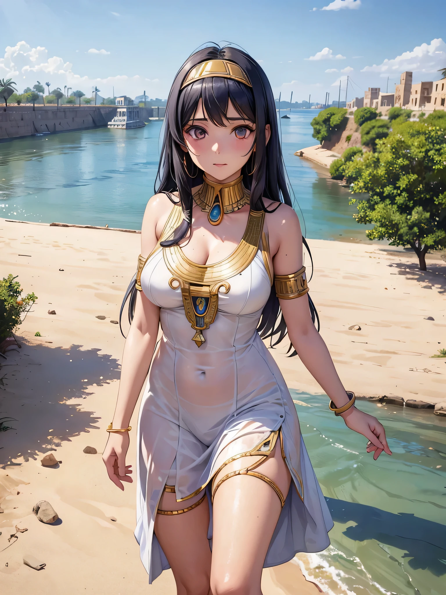 All intricate realistic details: "An ancient Egyptian  girl walking along the banks of the Nile River, Her body and face are similar to Pricilla Ricart, Lightweight clothing due to the heat, anime mappa style, with more facial details if possible, seduction pose"