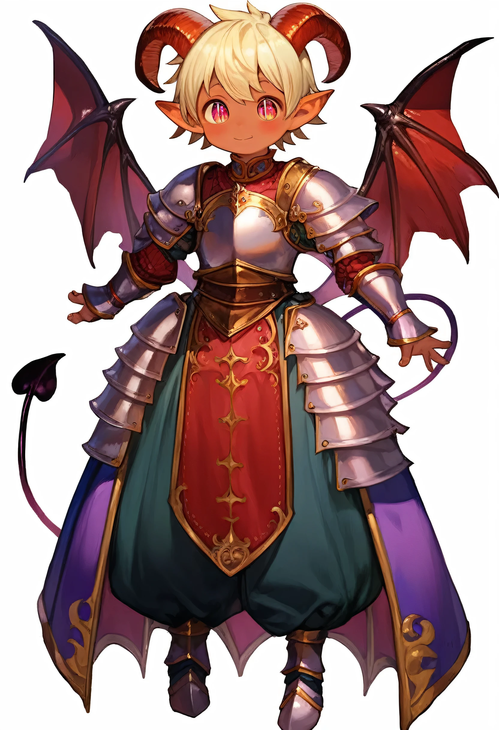 (masterpiece, best quality) (full body:1.2) (standing) (magical) (cute,adorable:1.2) (ultra quality skin:1.2), 1boy, (shota), (boy_shota), demon, pointed ears, goat horns, demon wings, large wings, slit eyes, demon tail, femboy, short hair, beautiful and detailed face, detailed eyes, full view, white background, plain background, medieval clothes, adventurer, simple armor