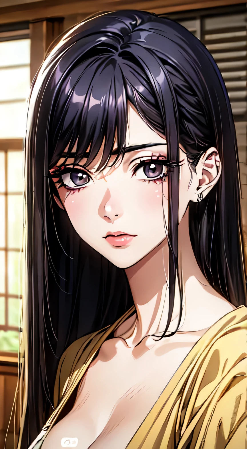 a girl, Inugami Suzune, (Long straight black hair, Bangs facing one direction, green gradient blue eyes), (Inukami Suzune), ((focus on the face)), ((Beautiful facial features)), Extra high detailed description eyes, Beautiful eyes, Beautiful woman, Beautiful arms, Beautiful Hands, (slender), Detailed depiction of faces, Small earrings, necklace, litle smile, Outstanding style, colour ink art, Line art, colour pencil writing, magazine cover, illustration, anime style, (magazine:1.3), (cover-style:1.3), drop shadow, projected inset, 8K, Masterpiece, anatomically correct, award winning, best quality