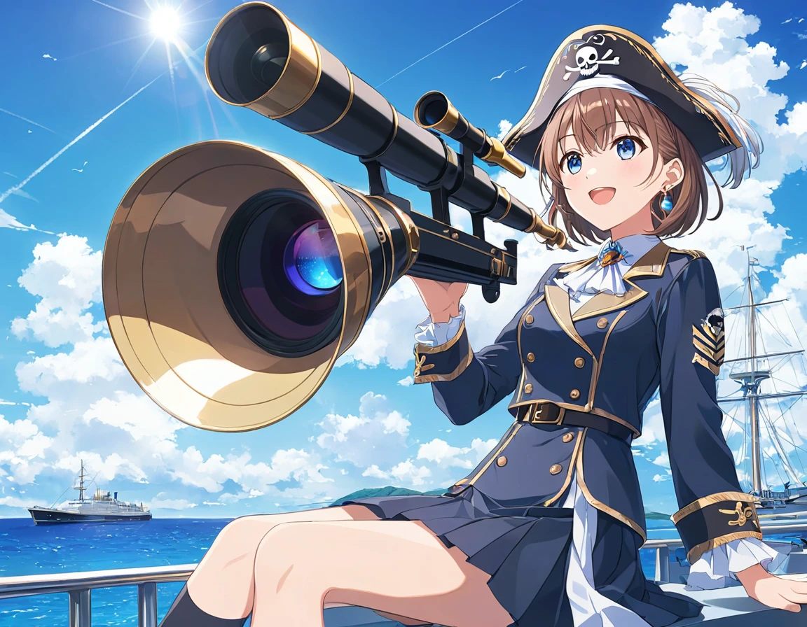 1 girl, girl、Diagonal、Brown Hair、short hair、blue eyes、put one foot on the edge of the yacht、Pirate with telescope、Look forward、Sea of navy uniforms、anime、Illustration, Full HD, 8k, Absurd, masterpiece, Best Quality, Super detailed, beautiful, Exquisite, Delighted, Bright smile, Look away, Earrings, Knee socks,  cute, beautiful, A bright and colorful world, anime, cell anime, 2d anime, strict, Soft Surface, close, Upper body photo, Front View, Golden Ratio, Perfect handcrafting of stage lighting, ,Watanabe, blue eyes, Brown Hair, short hair, bangs,