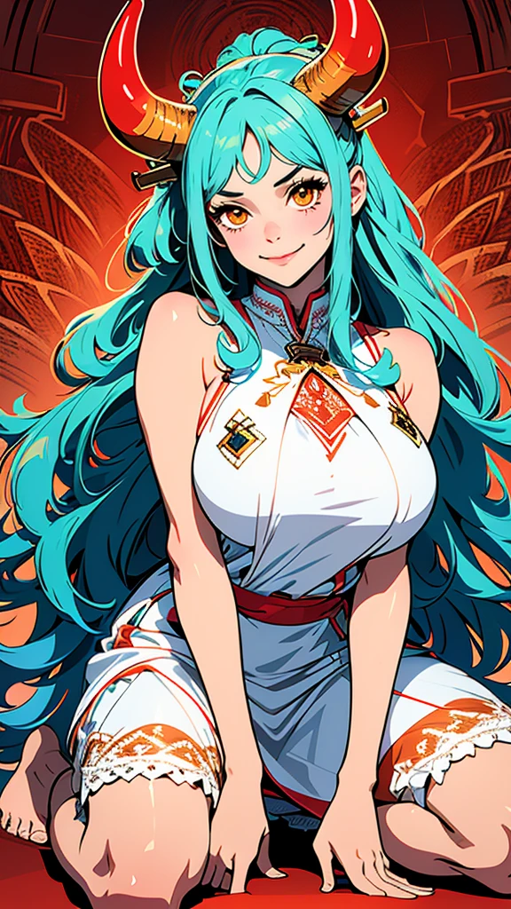 masutepiece, ((hyper detailed background, Delicate pattern, intricate detailes)), (Highly detailed, Fine details), Best Quality,Beautiful lighting, (((medium breasts, Slim Girl, very slim girl))), (Cowboy Shot), YamatoV2, Long hair, 1girl in, Horns, White hair, Solo, sila, red horns, Curled horns, Hair Ornament, (multicolored horns), Jewelry, earrings, Komono, Kimono, hair stick, aqua hair, side locks, hoop earrings, Hakama, Smile, Wide smile, ((Orange Eyes)), simple background,cowboy shot,full body Esbian ,(Depiction from head to foot),