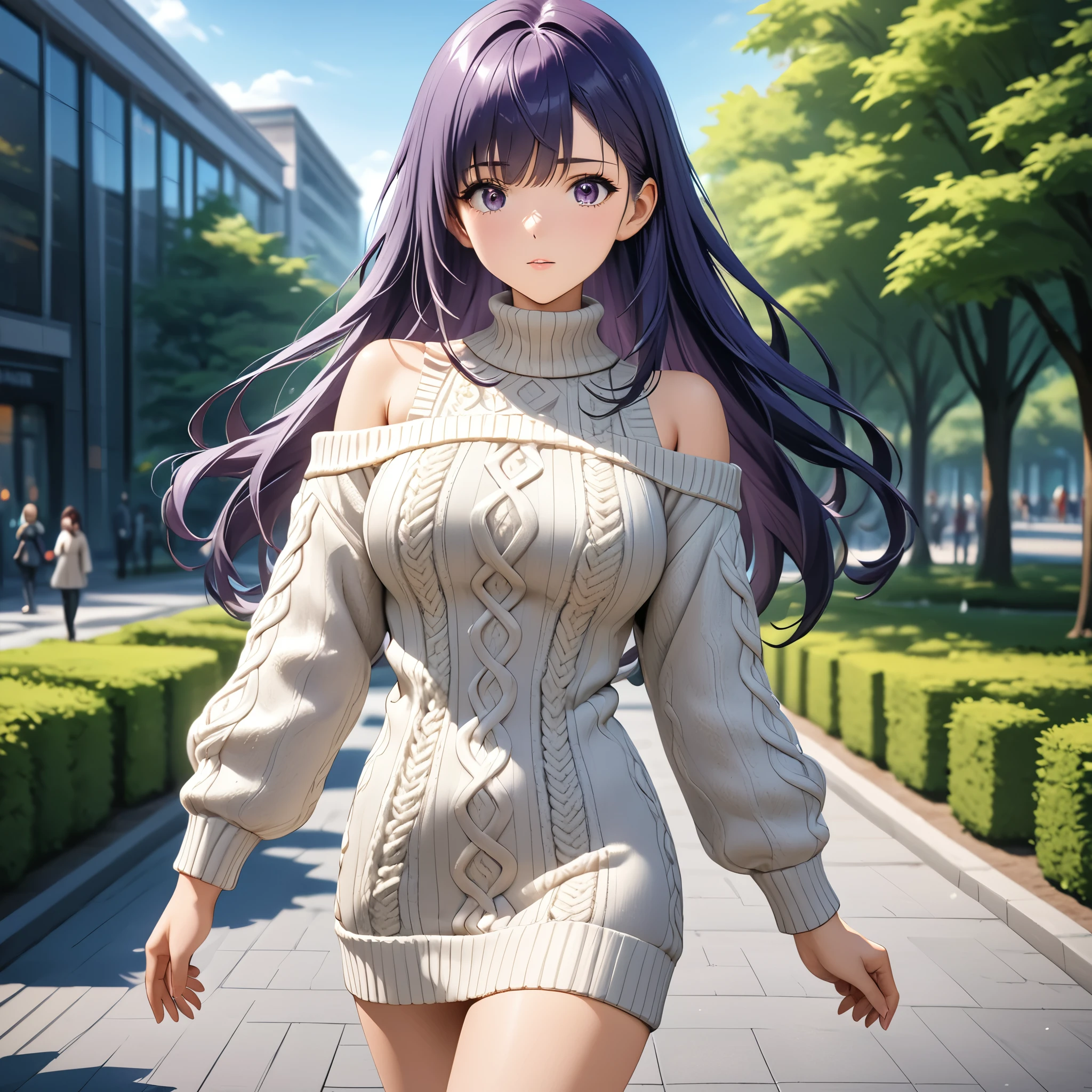 (masterpiece), best quality, 1girl, expressive eyes, perfect face, (purple hair, long hair), perfect anatomy, full body, 4k, HDR, full HD, alone, beautiful face, perfect face, perfect hands, perfect legs, super detailed clothing, intricate clothing, long sleeve knitted sweater, square neck, puff sleeve, stylish and versatile for everyday day, White Long Sleeve Worsted Wool Plain Pullovers, Off Shoulder, walk in a park,