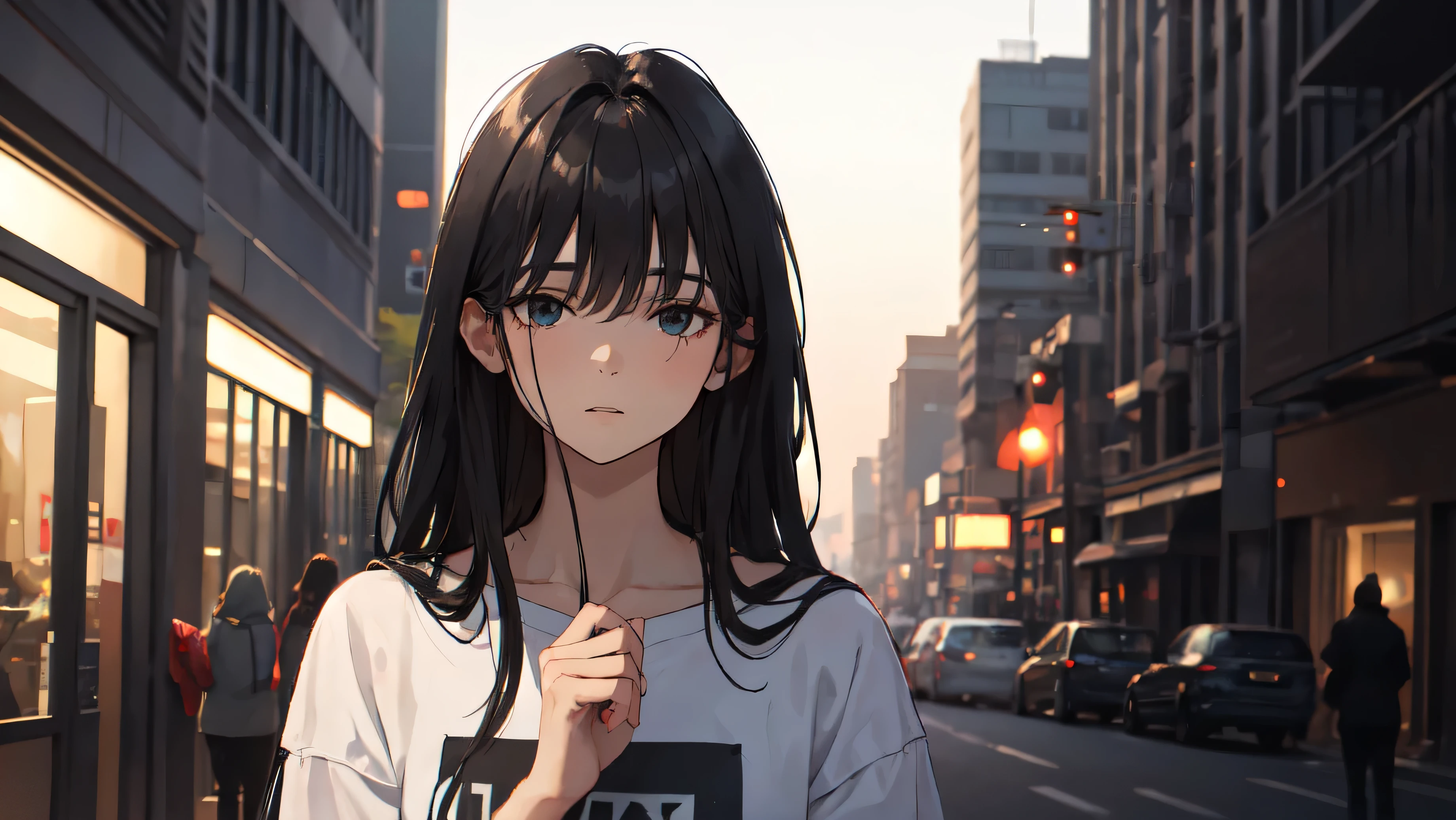 A hyper-realistic, high-resolution image of a 20-year-old girl standing alone in an empty urban street at dusk. She has a somber, reflective expression, and her gaze is directed away from the camera, looking off to the side or down at the ground, completely avoiding any eye contact with the viewer. Her casual clothes subtly contrast with her surroundings, emphasizing her sense of detachment. Every detail, from her well-defined facial features to her hands and fingers, is sharply focused and perfectly proportioned. The lighting is soft but clear, with shadows that emphasize her isolation. The overall image should be vivid, with a candid feel, ensuring she is not looking toward the viewer.