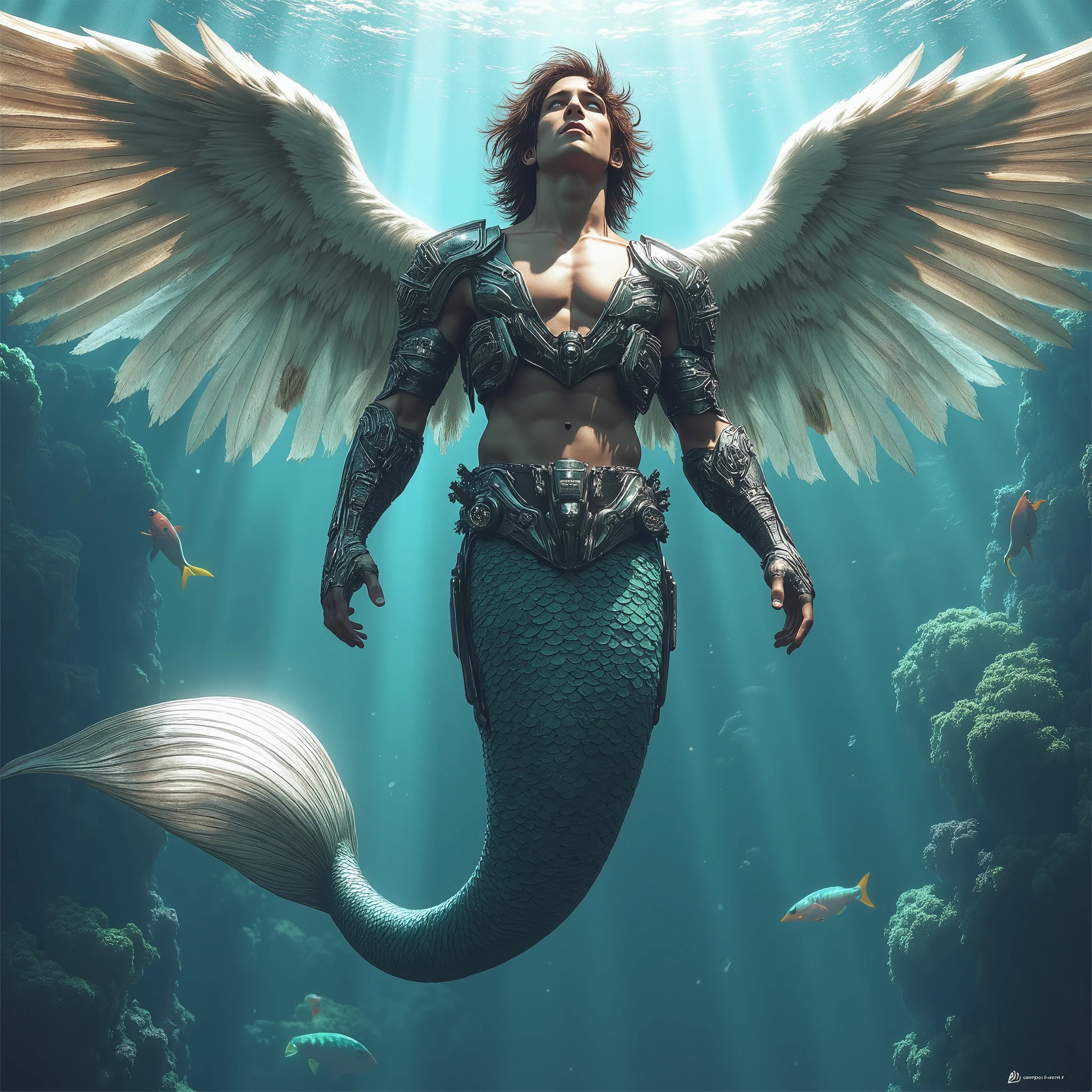 A male mermaid, feathered wings, dressed in high-tech battle armor, whole body, mermaid tail. 