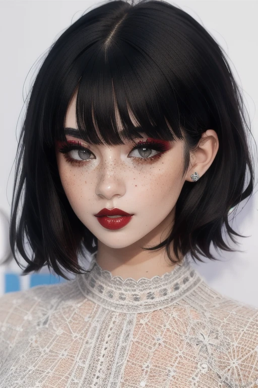 Fr3ckles, grey eyes, freckles, 1girl,  90sgrung3, red makeup, red lips, black hair, short hair, baby bangs, black shirt