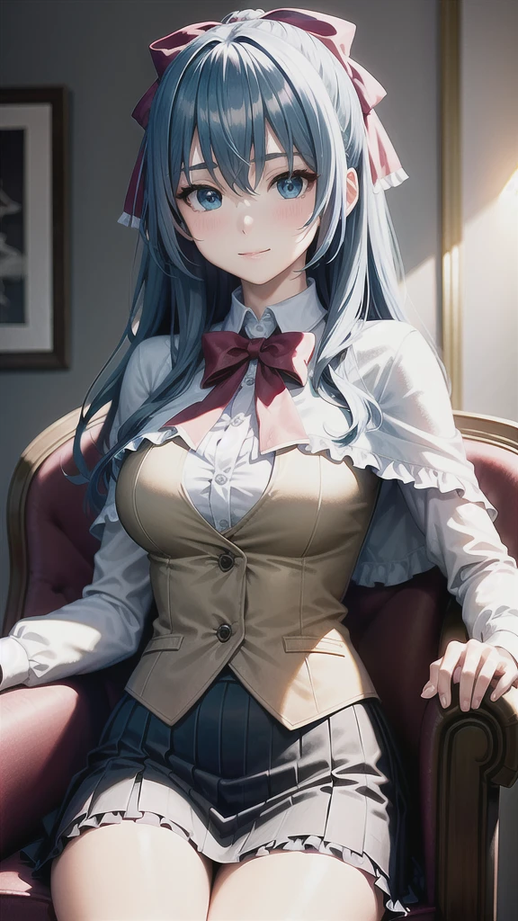 ((((masterpiece, extremely detailed, best quality)))), illustration, indoor, chair, (simple background), (cowboy shot), soft lighting, stylized, (liselottecretia), 1girl, blue hair, (long hair, hair between eyes, hair ribbon), blue eyes, (looking at viewer:1.2), (light smile), (blush:1.2), lower body, (white shirt, red bowtie, frills, brown vest, capelet, skirt), (large breasts:1.2), sitting, sitting on chair