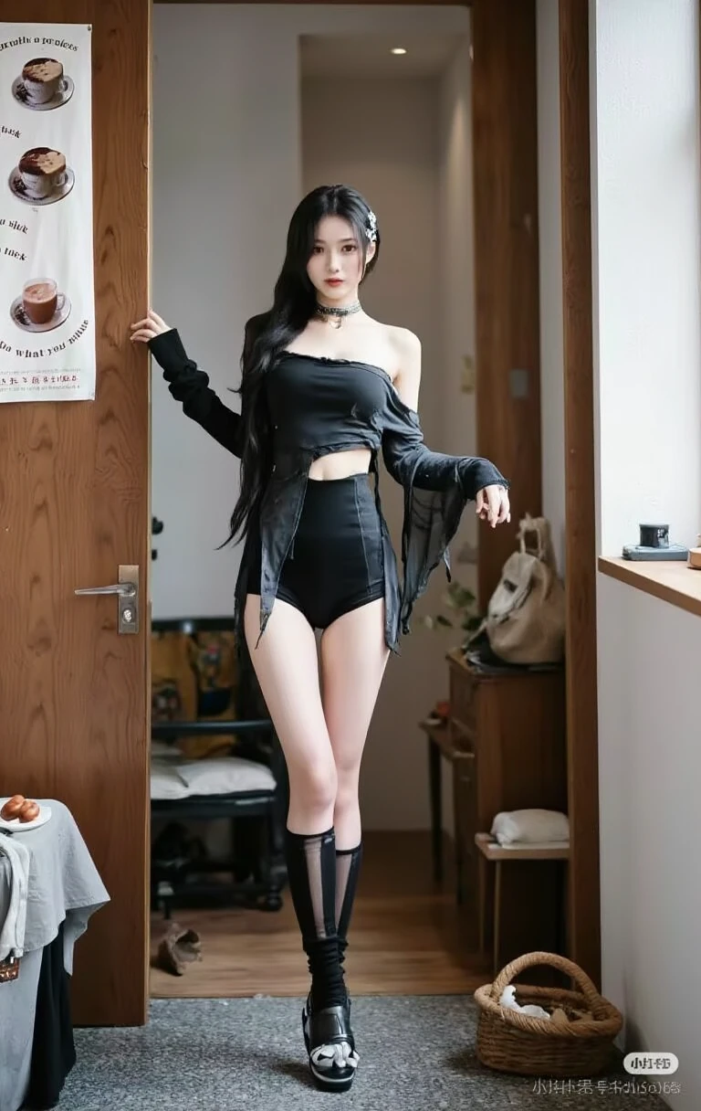 masterpiece, best quality, highres, lu1, cyborg, multicolored hair, makeup, bare shoulders, black leotard, highleg leotard, (thong:1.1), white jacket, open jacket, belt, shorts, cowboy shot, cyberpunk, sitting, crossed legs, bench,