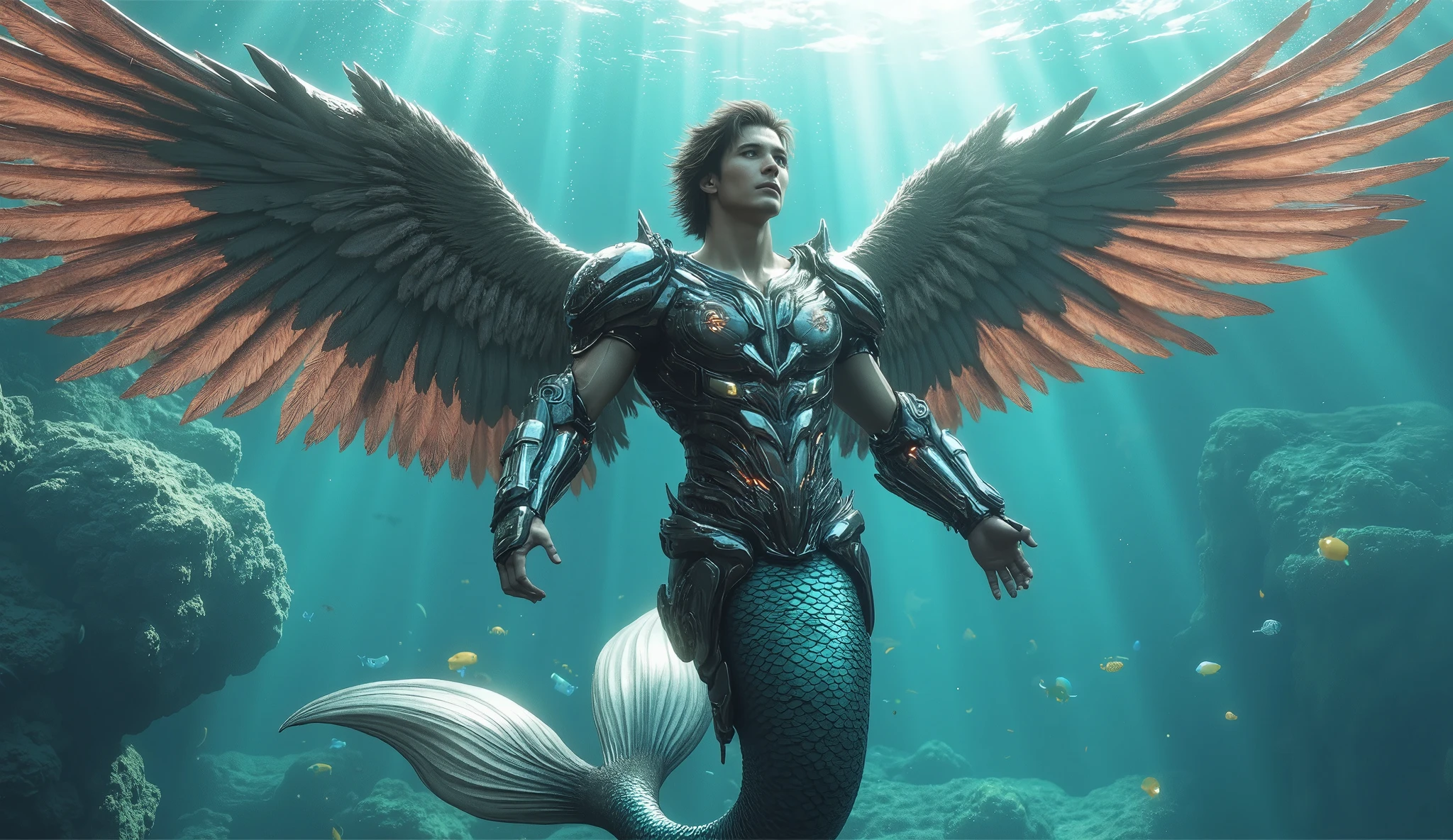 A male mermaid, feathered wings, dressed in high-tech battle armor, whole body, mermaid tail. 