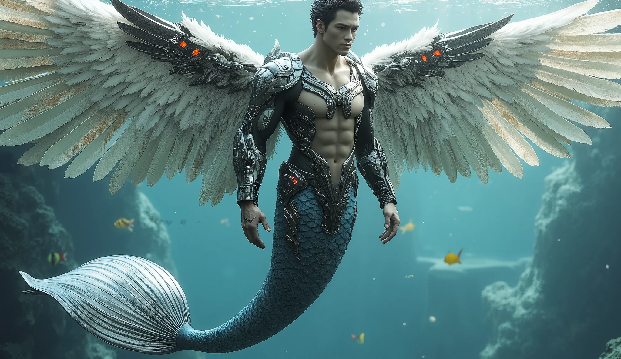 A male mermaid, feathered wings, dressed in high-tech battle armor, whole body, mermaid tail. 