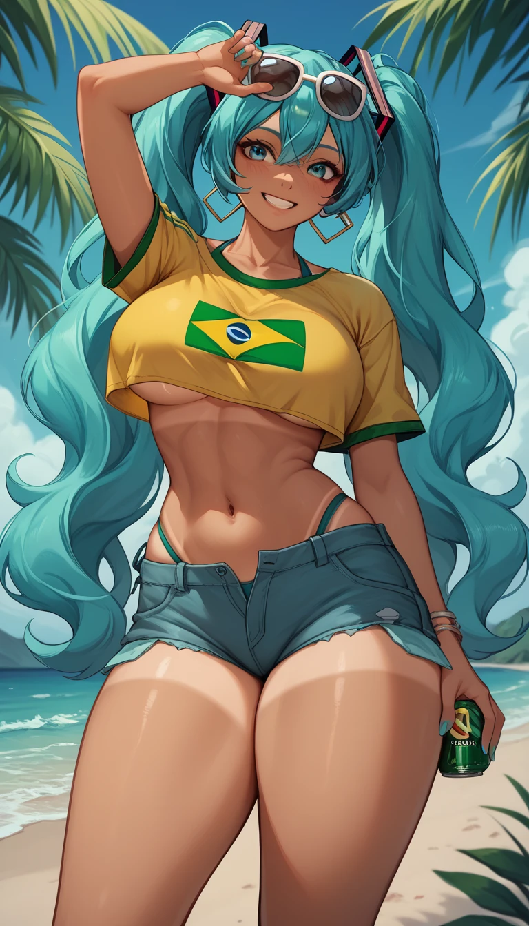 "A cheerful and vibrant Brazilian version of Hatsune Miku standing on the beach while holding her breasts. She has long hair with two aqua colored pigtails., tanned skin with visible tan lines and wearing a tight yellow crop top with the Brazilian flag on it. She also has large breasts and thighs along with a big butt. She wears worn denim shorts and holds a can of Guaraná Antarctica in one hand.. Miku is smiling and wearing sunglasses on her head, with a tropical flower in her hair. The background features a sunny beach with a clear blue sky and palm trees.."
