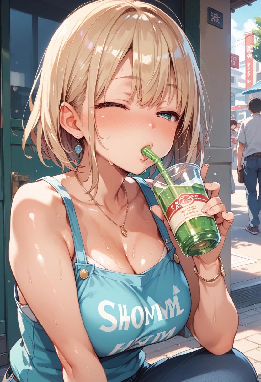 <lora:ff7claudia-pdxl-nvwls-v1:0.8> ff7Claudia, 1girl, blonde hair, ponytail,  <lora:xl_katyusha_chug(kohaku_delta):0.8> drinking, solo,bottle, blush, score 9, score 8 up, score 7 up, score 6 up, score 5 up, score 4 up, BREAK,