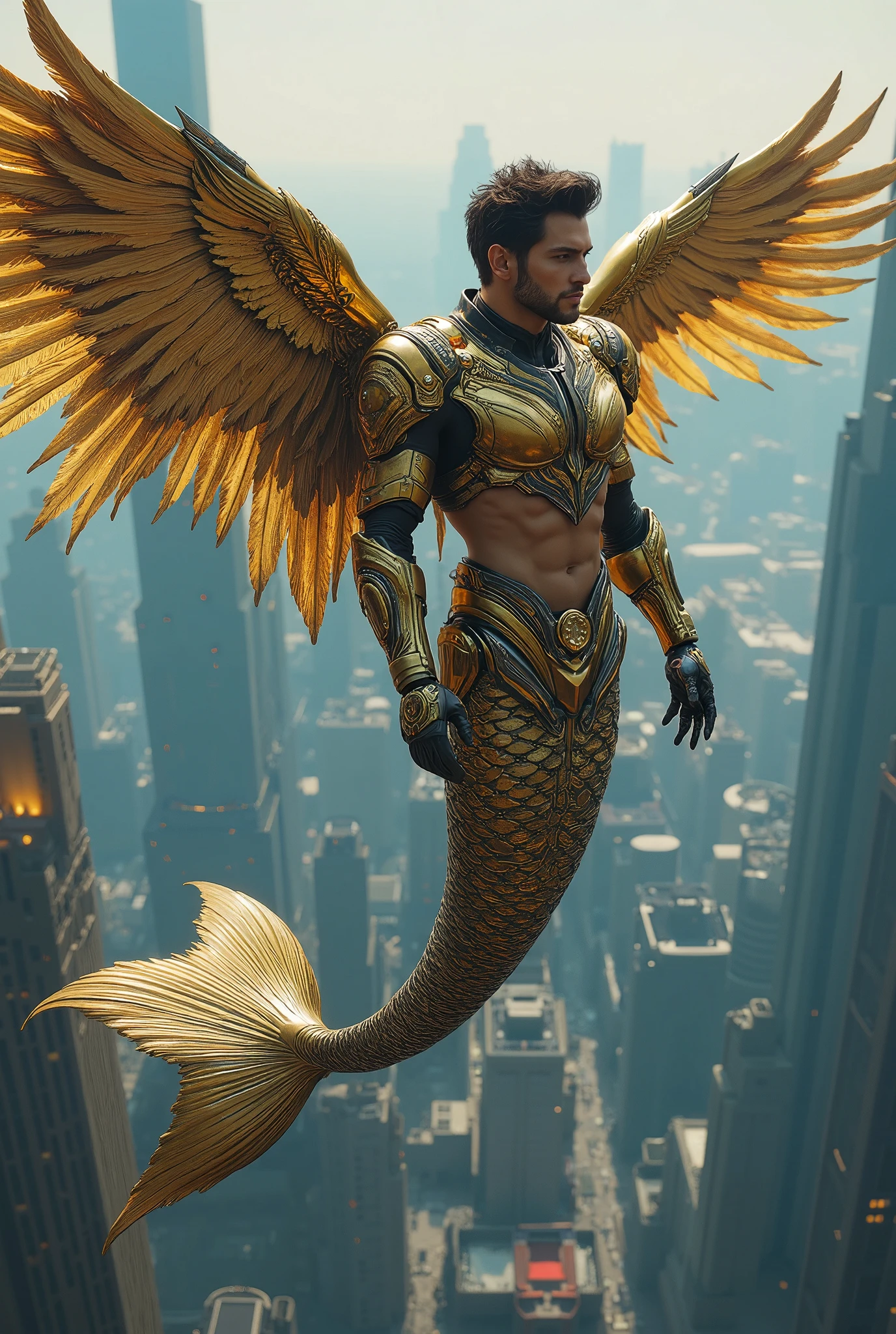 a male mermaid, Mechanical wings，Gold Armor，Cyberpunk，Future Cities，Flying in the sky，Luffy
