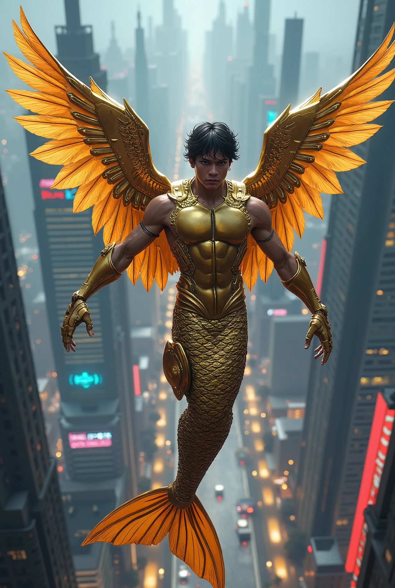 a male mermaid, Mechanical wings，Gold Armor，Cyberpunk，Future Cities，Flying in the sky，Luffy
