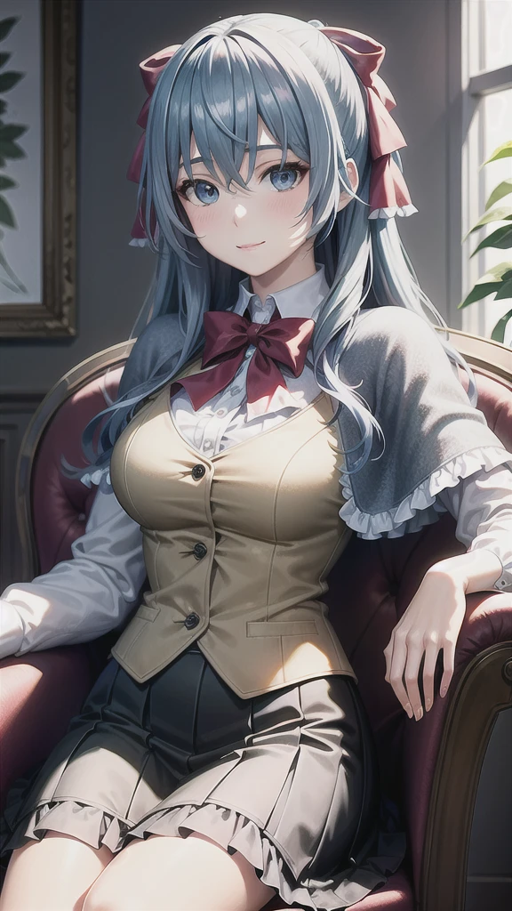 ((((masterpiece, extremely detailed, best quality)))), illustration, indoor, chair, (simple background), (cowboy shot), soft lighting, stylized, (liselottecretia), 1girl, blue hair, (long hair, hair between eyes, hair ribbon), blue eyes, (looking at viewer:1.2), (light smile), (blush:1.2), lower body, (white shirt, red bowtie, frills, brown vest, capelet, skirt), (large breasts:1.2), sitting, sitting on chair