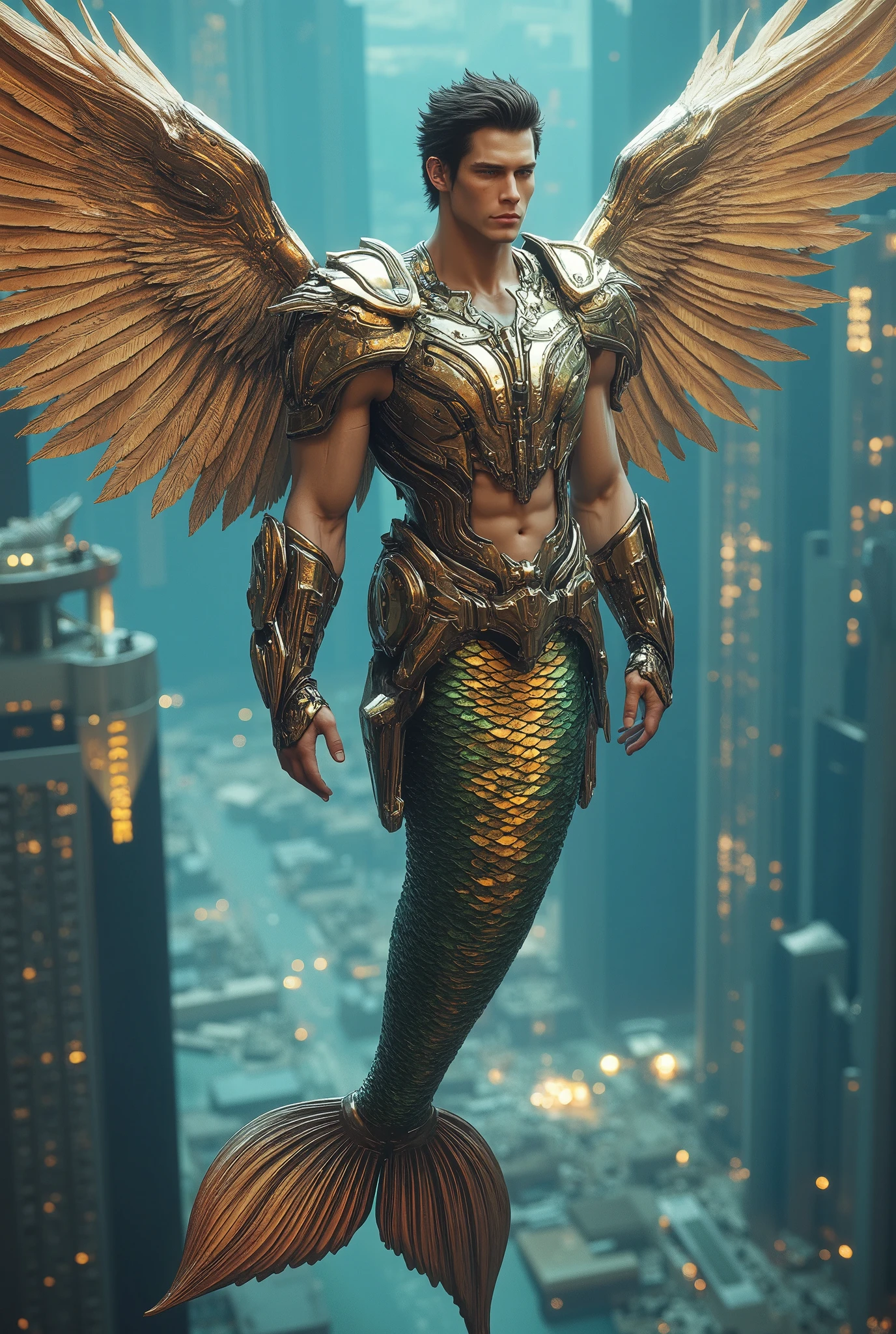 a male mermaid, Mechanical wings，Gold Armor，Cyberpunk，Future Cities，Flying in the sky，Luffy
