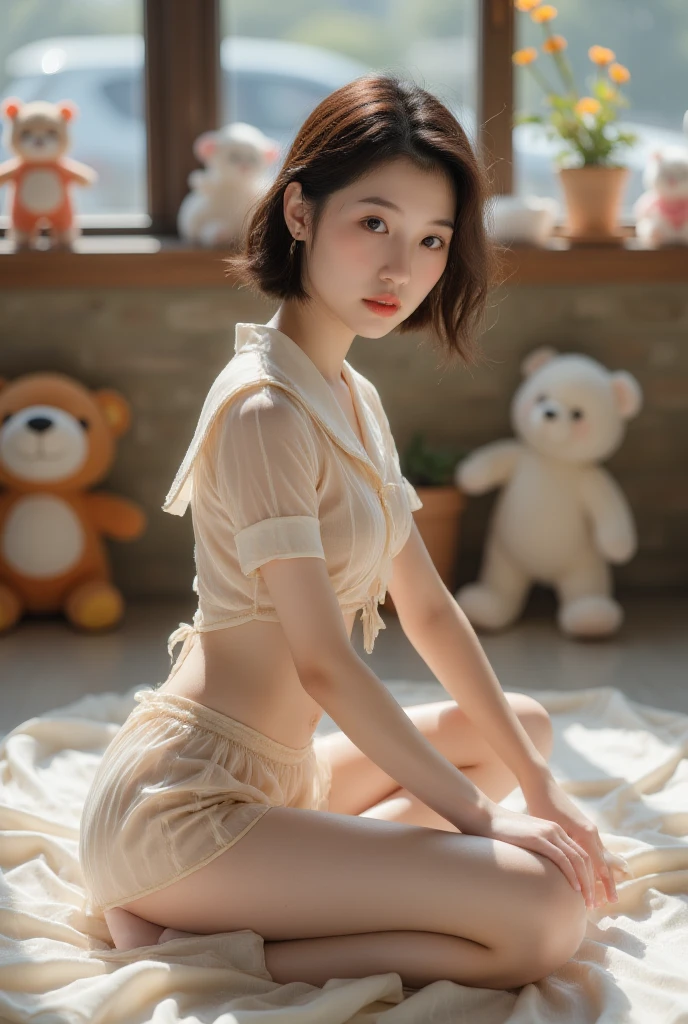 金发女穿着Sailor Suit服坐在地板上，Plush toys around, anime girl role play, On the deer, role play, anime role play, Aheiyan, Squatting anime girl, , Sailor Suit, ayaka role play, role play photo, , Sakimichan, Desperate Girl Desperate Enoshima Junko from Danganronpa, Professional cospl, Anatomically correct, Super Detail, high detail, high resolution, 4K，(Practical, photo-Practical, Best quality, masterpiece), Intricate details, Extremely detailed, (Photography below, For the audience), solitary, A Japanese character, (Half squat，Spread your legs:1.5),Hands supported behind the back， (穿着完全透明的Sailor Suit服装, ayaka role play，gout:1.3), (Huge breasts), Black Hair, Short Bob Hairstyle, Skin whitening, Delicate face, Delicate eyes, Delicate nose, (Your own yellow liquid, Excessive urination, She is peeing:1.5), (Urine dripping from legs onto the floor, There is a urine pit, There are urine stains, She looks shy:1.2),blush, Photo Background, indoor, Coffee Shop,