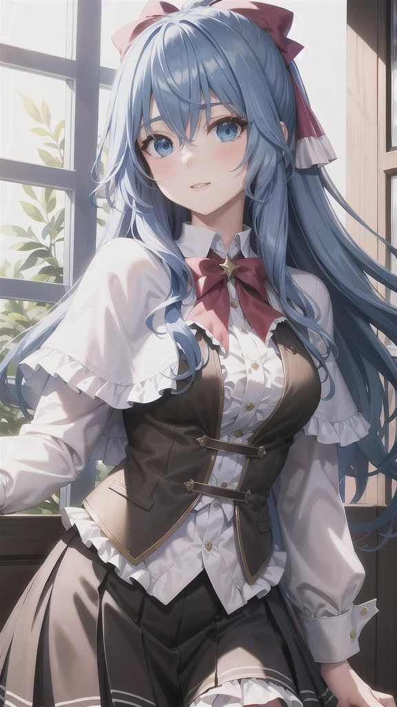 ((((masterpiece, extremely detailed, best quality)))), illustration, indoor, (cowboy shot), stylized, (liselottecretia), 1girl, blue hair, (long hair, hair between eyes, hair ribbon), blue eyes, (looking at viewer:1.2), (light smile), (blush:1.2), lower body, (white shirt, red bowtie, frills, brown vest, capelet, skirt), (large breasts:1.2), sitting, sitting on chair