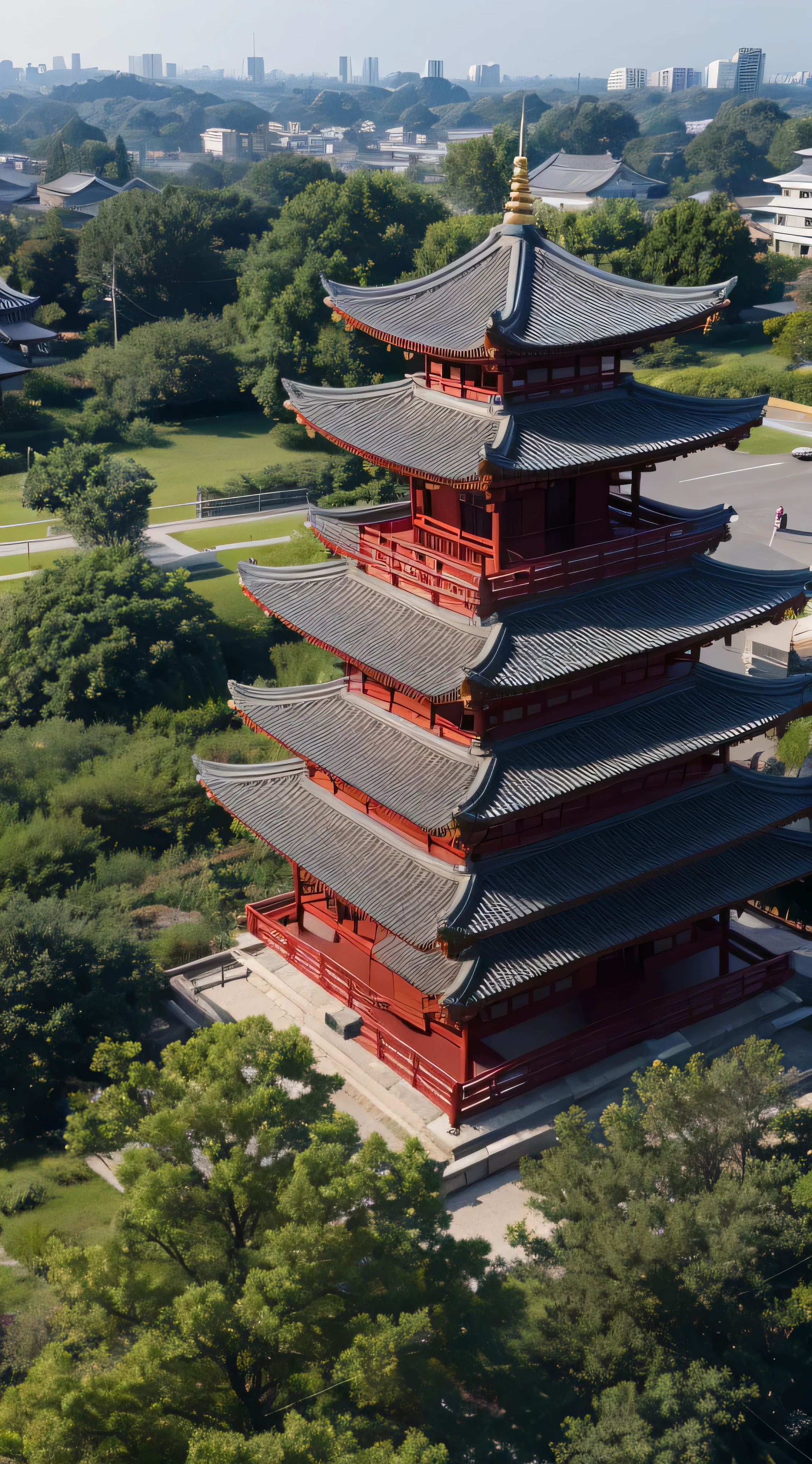 With high definition images，((masterpiece)), (Best Quality), (Aesthetics of Ancient Architecture), Five-story pagoda of Horyuji Temple, A large temple in the background, There is a slight morning mist, An image taken from an aerial view at an angle.Exact appearance photo