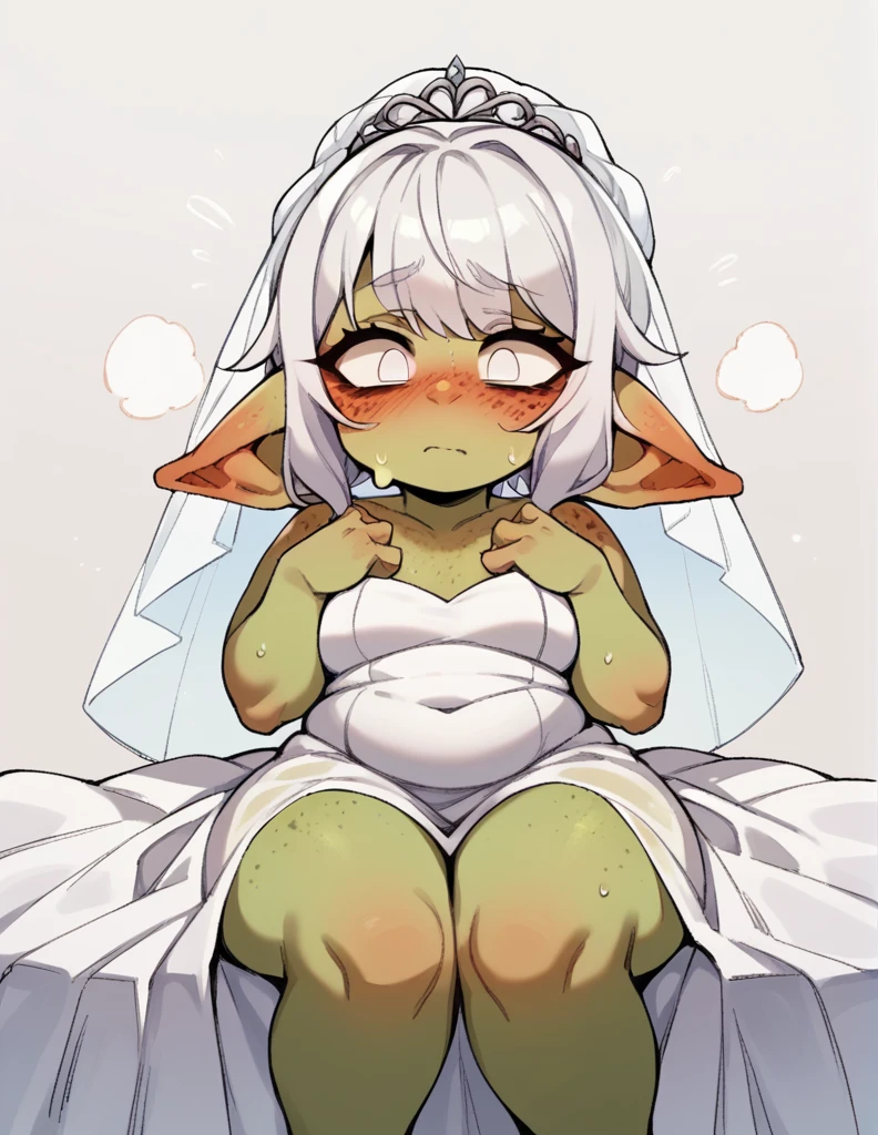 A goblin girl ,stortstack,{{Wearing a sheer short-sleeved top}}（white  Hair,Wedding Dress）,bangs（Heavy sweating）Shy expression，blush，Freckles on the face，chubby,white eye，Short legs