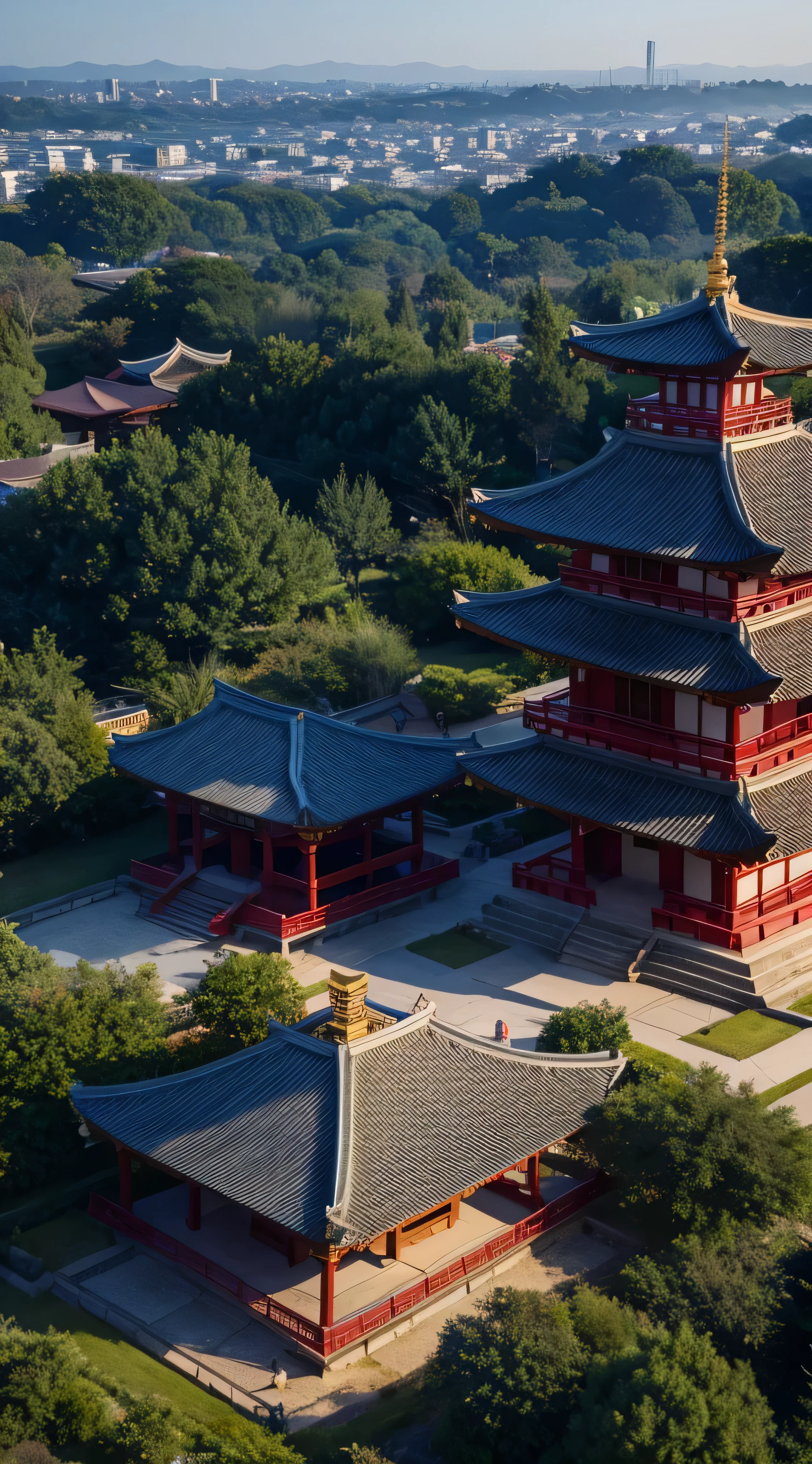 With high definition images，((masterpiece)), (Best Quality), (Aesthetics of Ancient Architecture), Five-story pagoda of Horyuji Temple, A large temple in the background, There is a slight morning mist, An image taken from an aerial view at an angle.Exact appearance photo