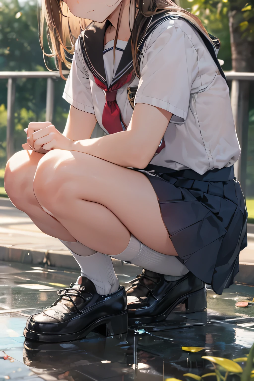 16k、Cute junior high school student、(Listed below:1.5)、(Closed leg squats)、Pee leak、Urine leaking onto the ground and puddles forming、clearly, Transparent white school uniform、Close-up