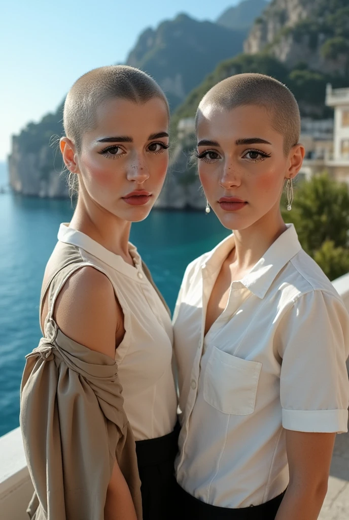 beautiful young 2 woman, closely shaved pixie cut, ((Formal work attire)), on the Amalfi coast
