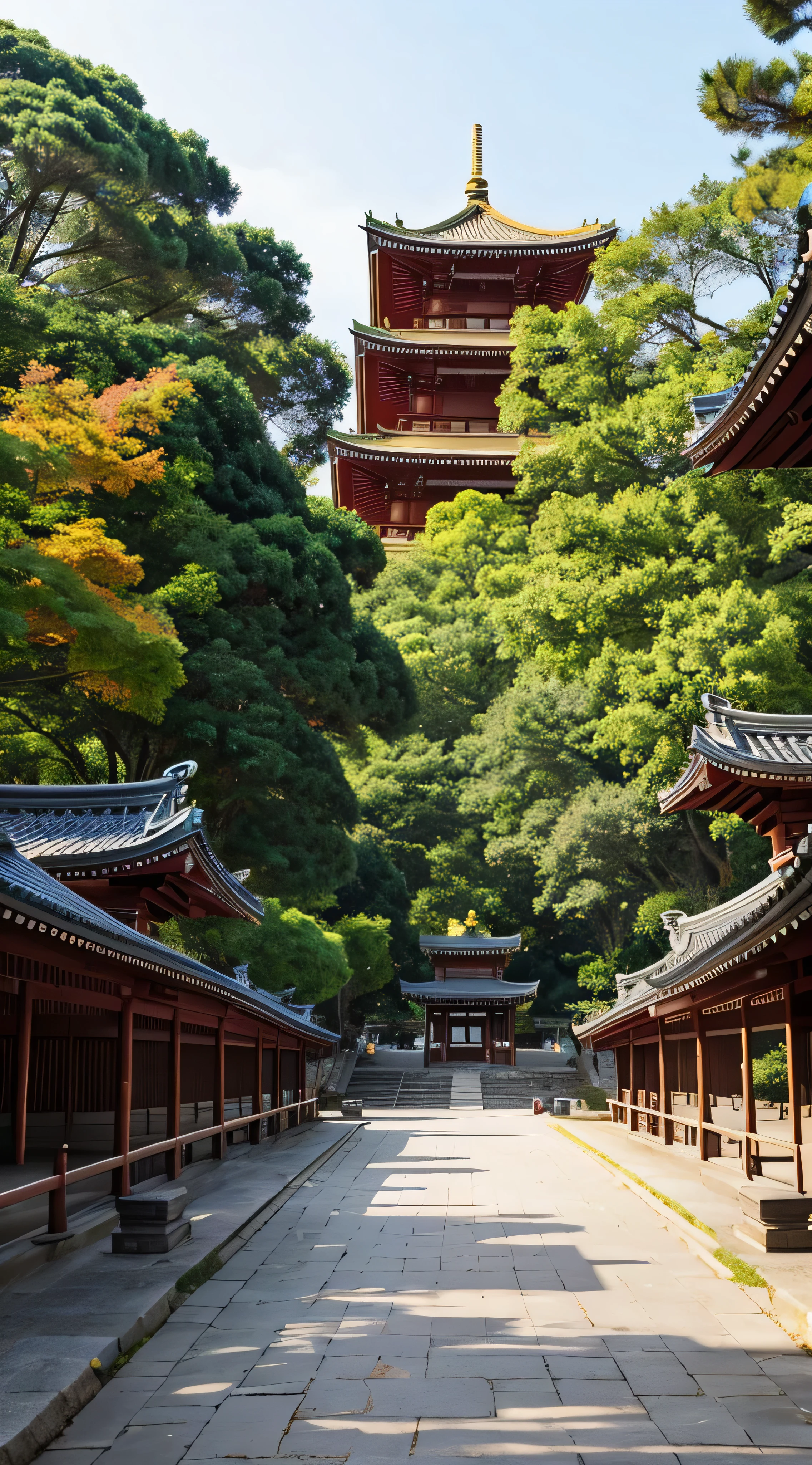 With high definition images，((masterpiece)), (Best Quality), (Aesthetics of Ancient Architecture), Five-story pagoda of Horyuji Temple, A large temple in the background, There is a slight morning mist, An image taken from an aerial view at an angle.Exact appearance photo