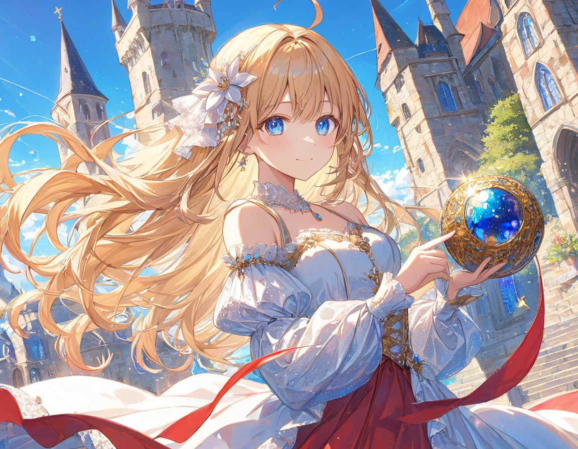 woman,, View your audience, Long Hair, Ahoge, blonde, Drill Hair, blue eyes, Slanted Eyes, smile, beautiful, Sparkling Red Afternoon Dress, long term, Standing, courtesy, Upper Body、A glittering medieval ball, Speedy Shot, masterpiece, Best Quality, detailed, ultra detailed, hyper detailed, insanely detailed, Exquisite, beautiful, Full HD, 16k, cute, Fantasy, A vibrant academic community, Soft line design, Soft Surface, Simple line drawing, Cowboy Shot, Front View, The best light, Fast shutter speed, Written boundary depth, Highly saturated colors, Vibrant colors, Bright colors, Dreamy watercolor painting, Best Hand