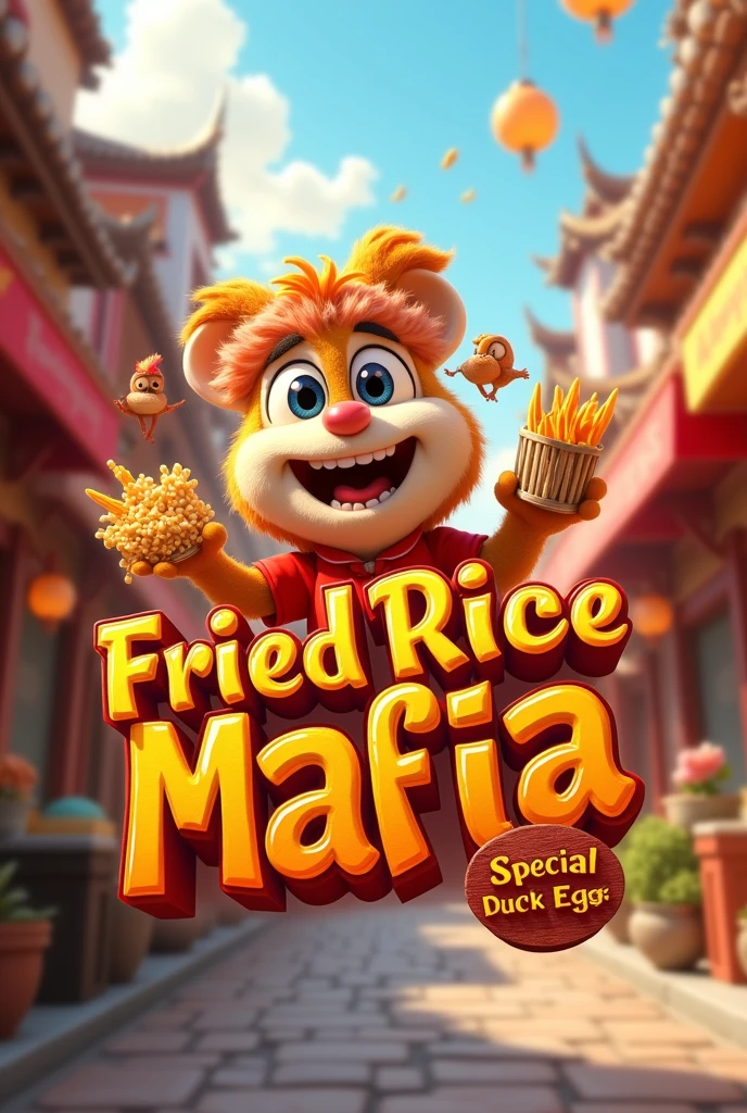 Create a disney pixar 3D fried rice seller logo with the text Fried rice mafia Special duck eggs