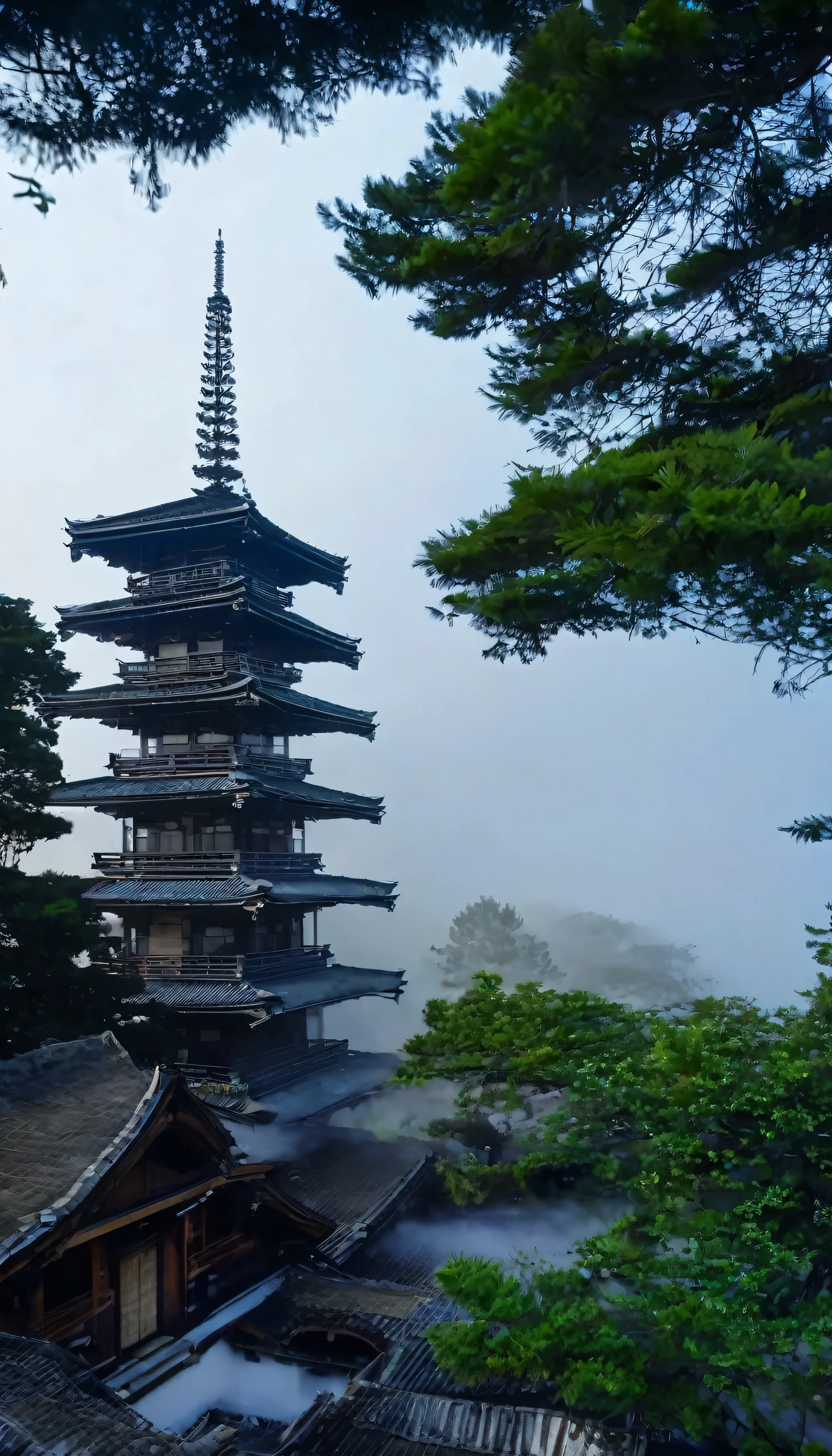 With high definition images，((masterpiece)), (Best Quality), (Aesthetics of Ancient Architecture), Five-story pagoda of Horyuji Temple,　Five-story tower、 A large temple in the background, There is a slight morning mist, Images seen through the eyes of humans.Exact appearance photo