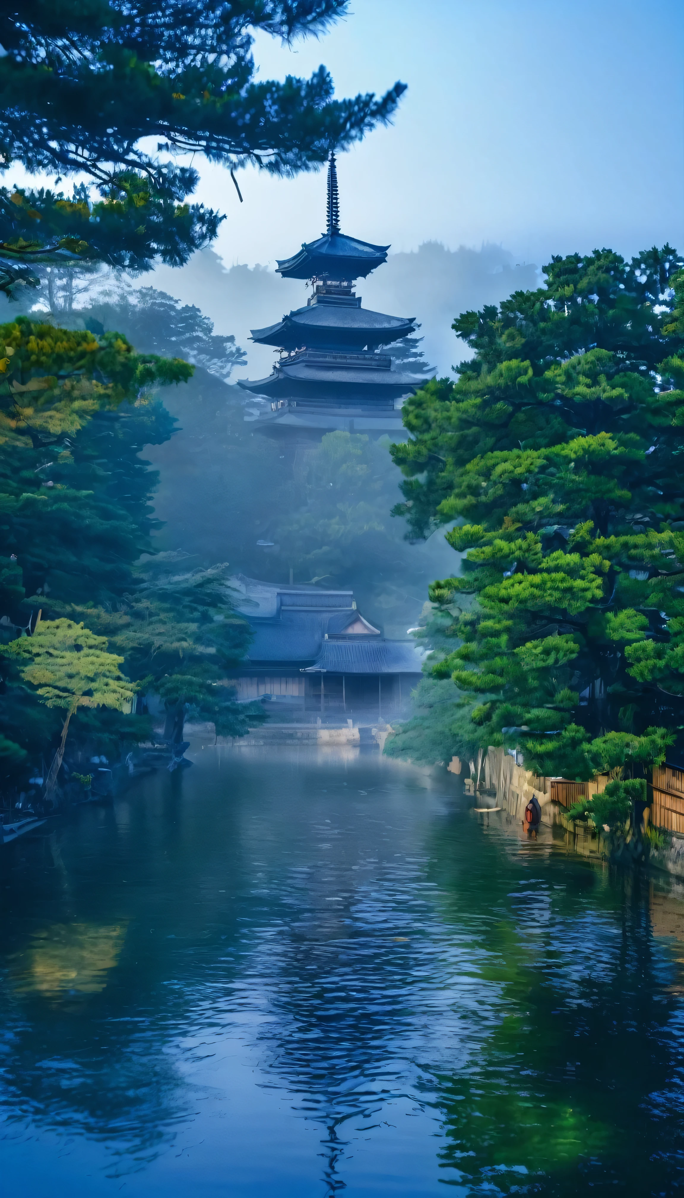 With high definition images，((masterpiece)), (Best Quality), (Aesthetics of Ancient Architecture), Five-story pagoda of Horyuji Temple,　Five-story tower、 A large temple in the background, There is a slight morning mist, Images seen through the eyes of humans.Exact appearance photo