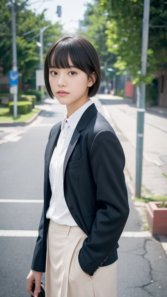 woman、high school student、Japanese high school blazer uniform、Center-parted black very short hair、Cool vibe、Tight eyes、Slanted Eyes、Intimidating、Looking into the camera、Perfect Style、High image quality、High resolution、High resolution, masterpiece, Anatomically correct, Ultra high definition, Textured skin, solo, The background is a school classroom、Angle from the front、