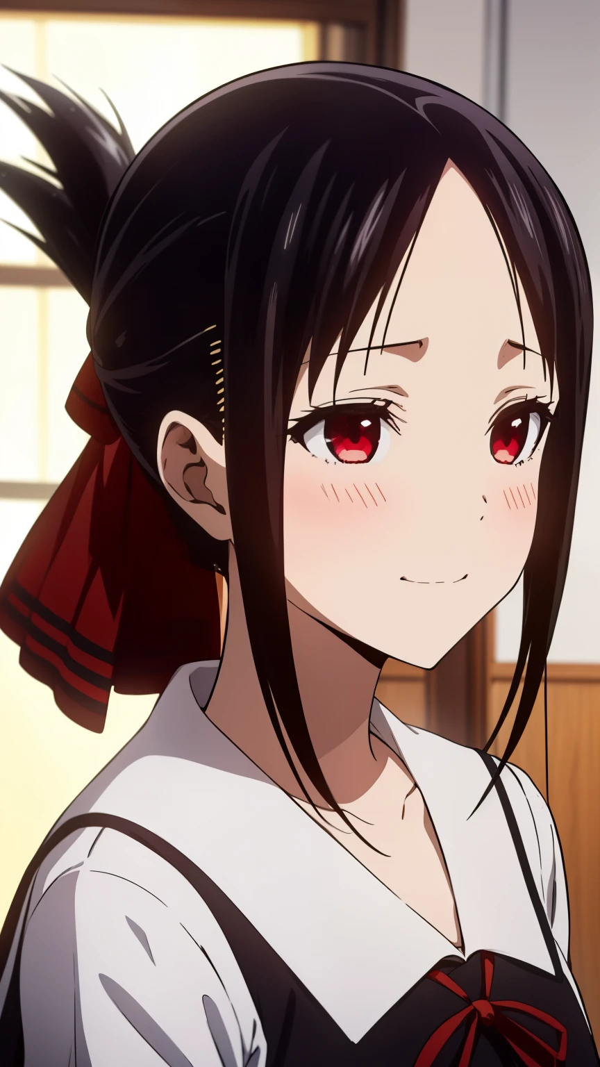 ((Master Quality、8k、masterpiece:1.3、超detailed、High resolution、RAWphotograph、detailed、Blur、Now、((anime、anime塗り))、photograph、HDR)),Kaguya Shinomiya,(1girl, Alone, Shinomiya Kaguya), red eyes, black hair, hair ribbon, red ribbon, (school uniform), short dress, long sleeves, small breasts, smile,School、Student Council Room、Random Pause、Random Angle、whole body