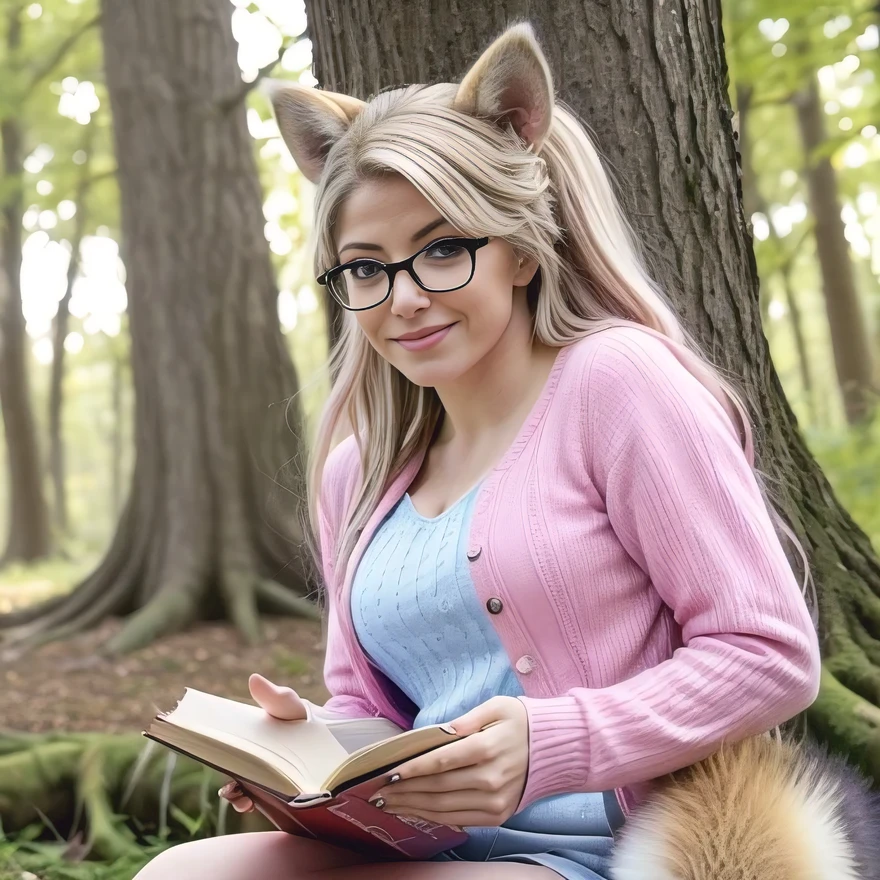 photograph of sexy, cute Alexa Bliss. She is wearing glasses on the end of her nose and an open sweater revealing lots of cleavage as she sits on a tree stump reading a book in a brightly lit mythical wooded area. The sun casts an aura around her and the land is rich in colorful flora. She is accompanied on her book reading adventure by a cute fox, an adorable raccoon and a huggable little pig ,URB,realistic breast